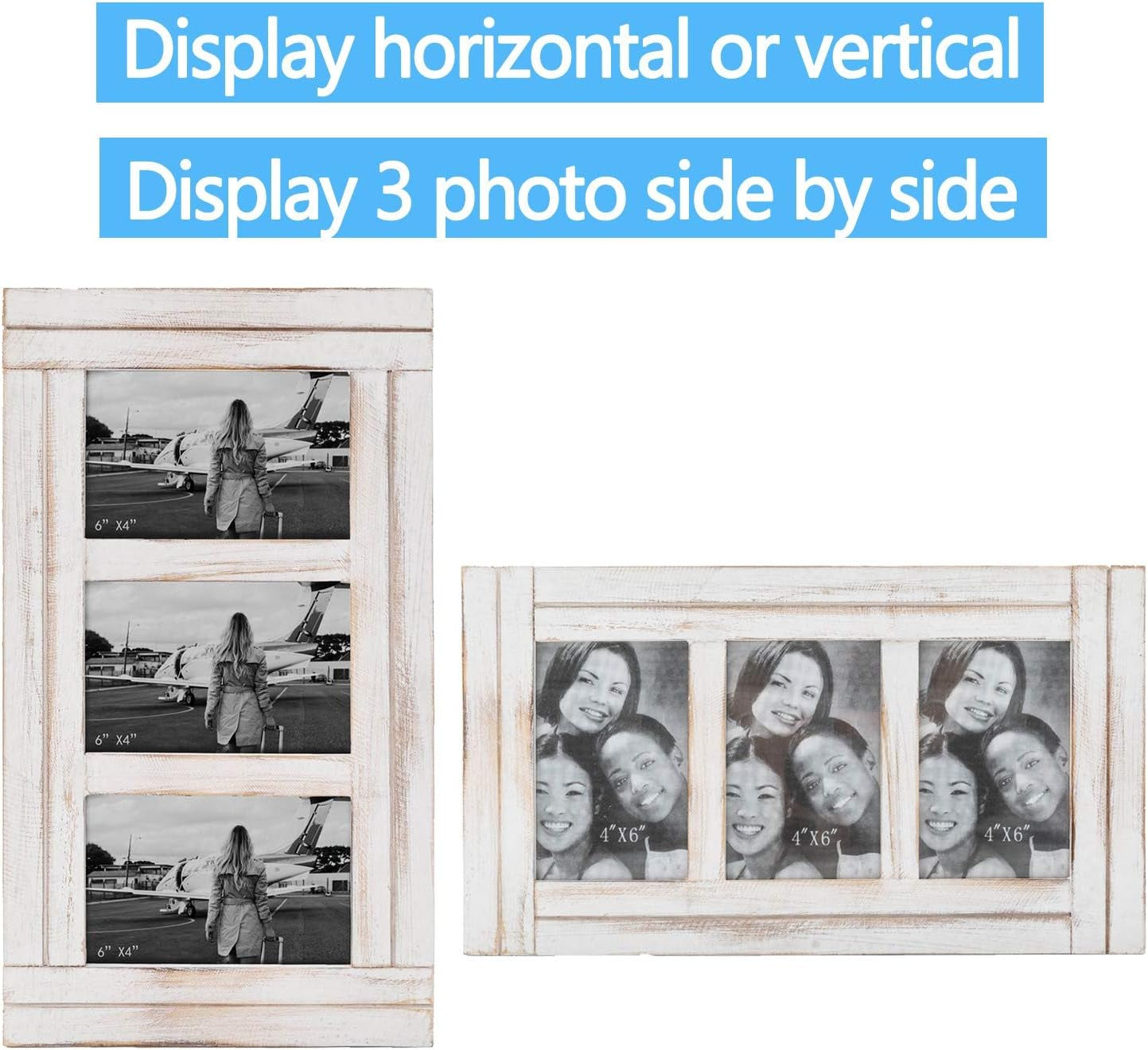3 Picture Frames 4X6 for Wall, Photo Collage Frame Present for Christmas Birthday, Rustic Photo Frames for Home Wall Decor（White