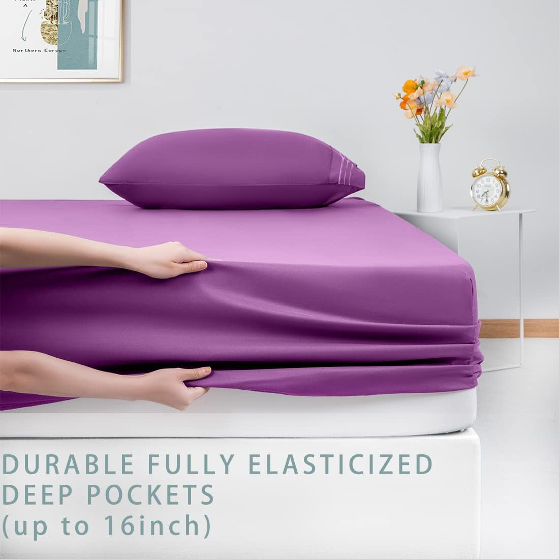 Bed Sheet Set Queen Size 16 Inches Deep Pocket 1800 Thread Count 100% Microfiber Sheet,Bedding Super Soft Comfortable, Cool Warm,4 Piece（Purple）