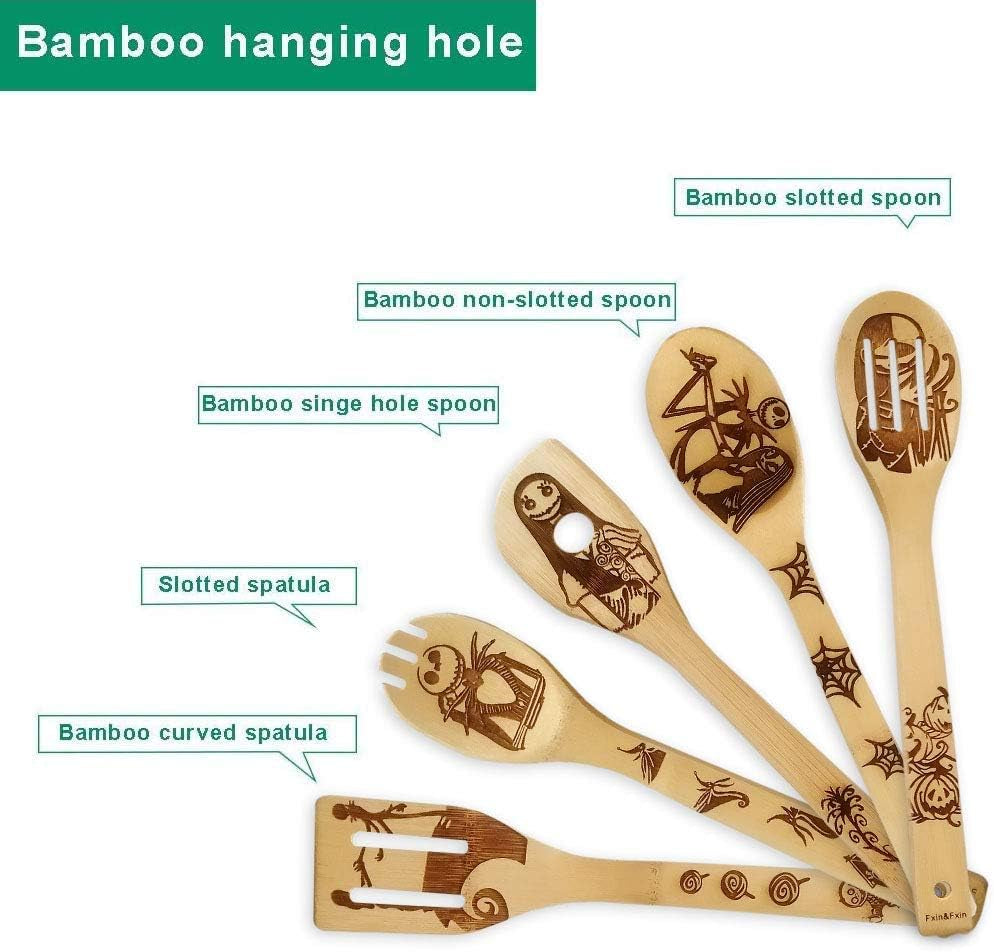 Unique Pattern Burned Wooden Spoons Nightmare before Christmas Kitchen Slotted Spoon House Warming Presents Bamboo Utensil Set