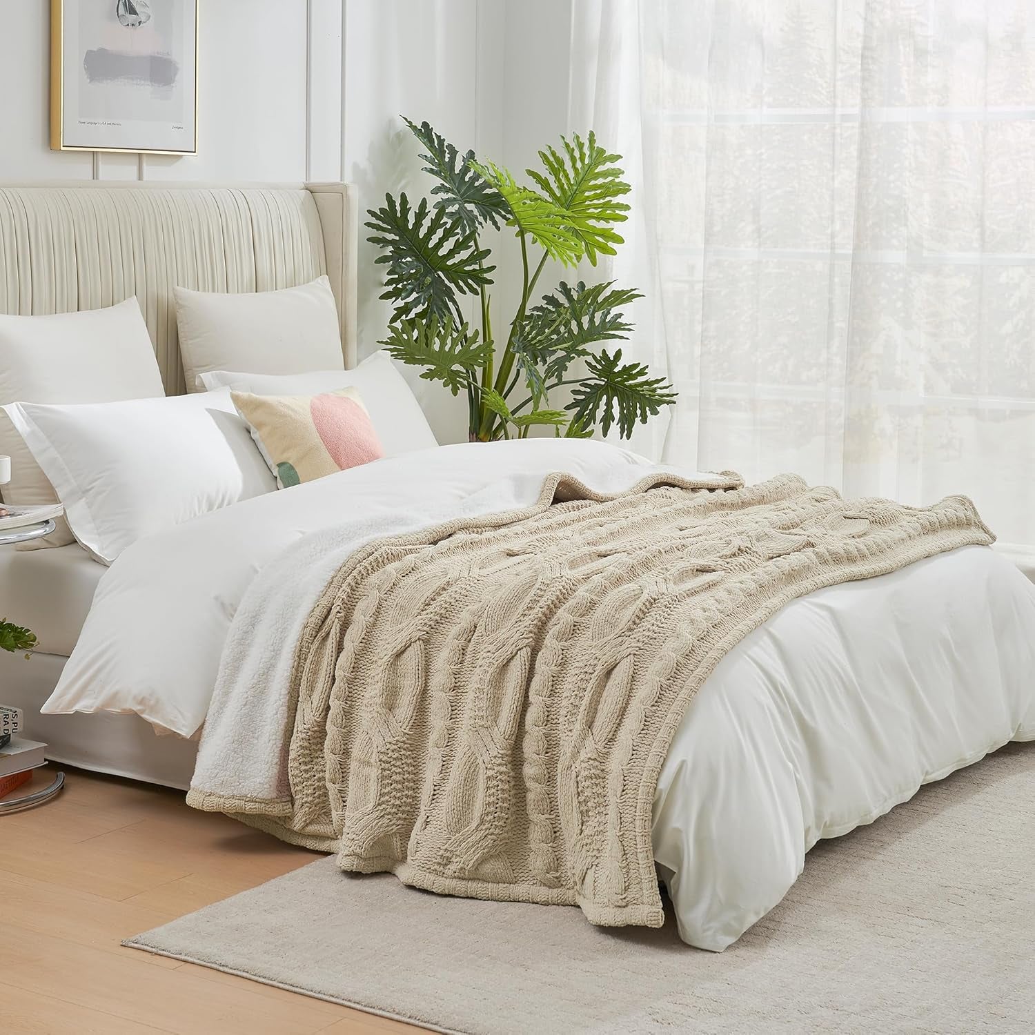 Cable Knit Sherpa Throw Blanket for Couch Twin, Chenille Reversible Soft Cozy Fleece Throw Blankets for Bed Sofa Chair Living Room Comfortable Home Spring Decor, 60"X80", Beige