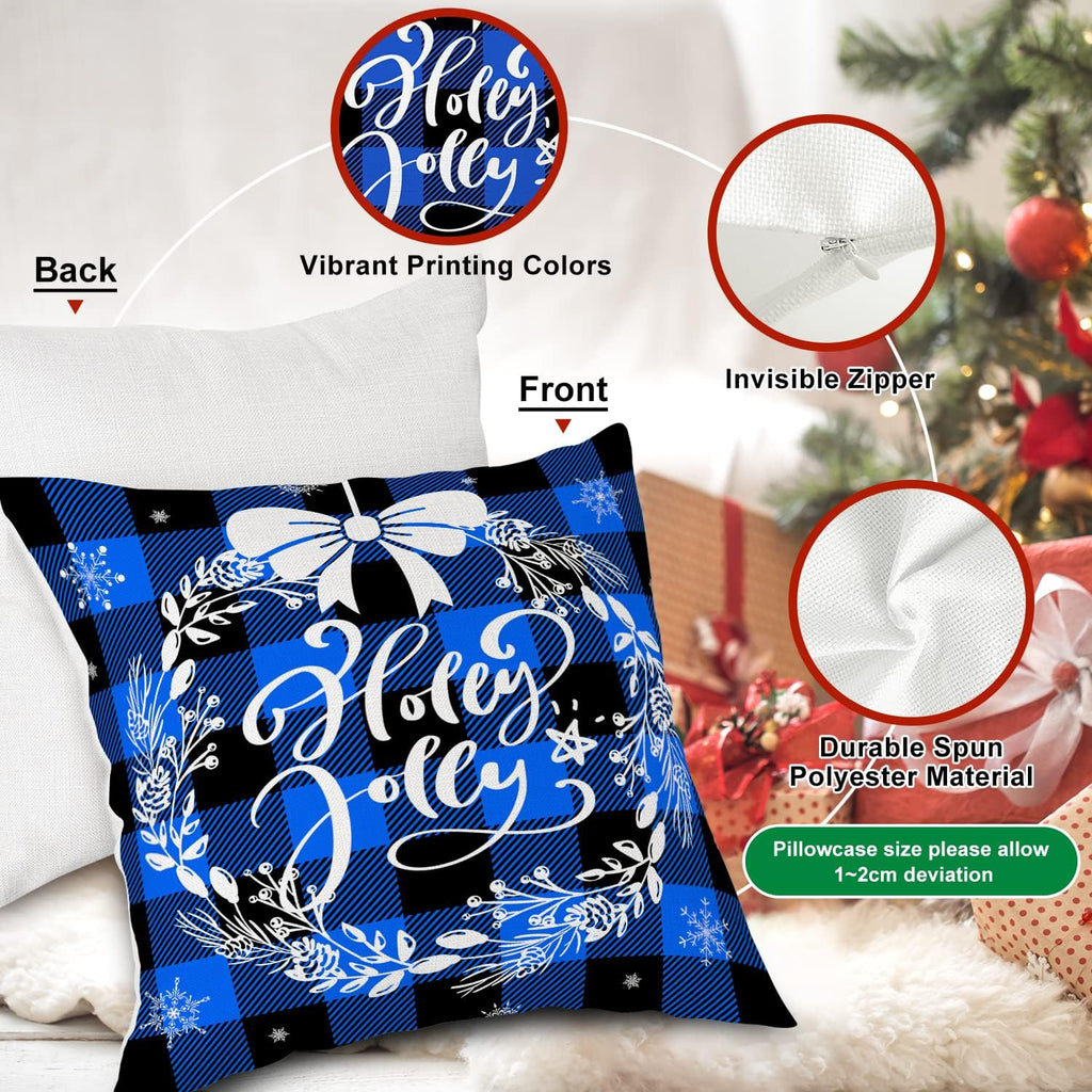 Christmas Throw Pillow Covers 16X16 Set of 4, Decorative Holiday Farmhouse Merry Xmas 16 X 16 Buffalo Check Plaid Cushion Pillow Cases for Outdoor Indoor Home House Room Couch Decor (Blue)