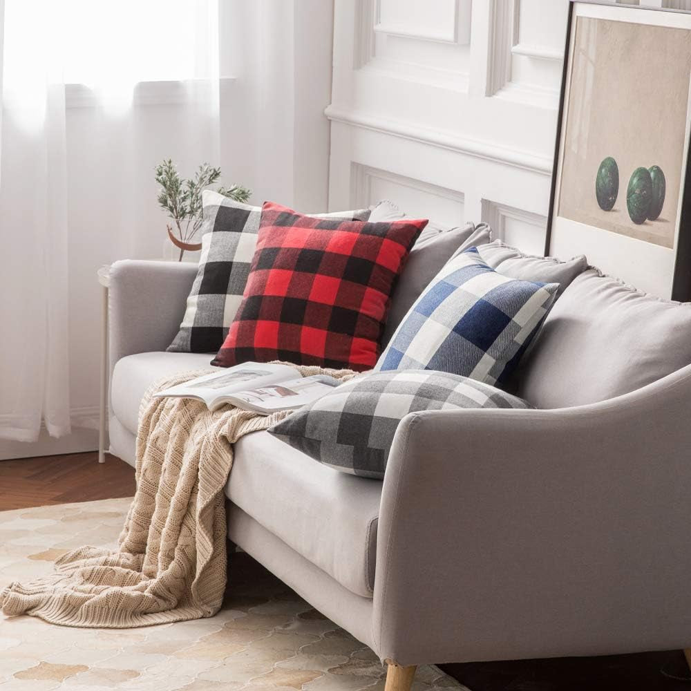 Classic Retro Checkers Plaids Linen Soft Solid Black and Red Decorative Throw Pillow Cover Home Decor Design Cushion Case for Sofa Bedroom Car 16 X 16 Inch 40 X 40 Cm