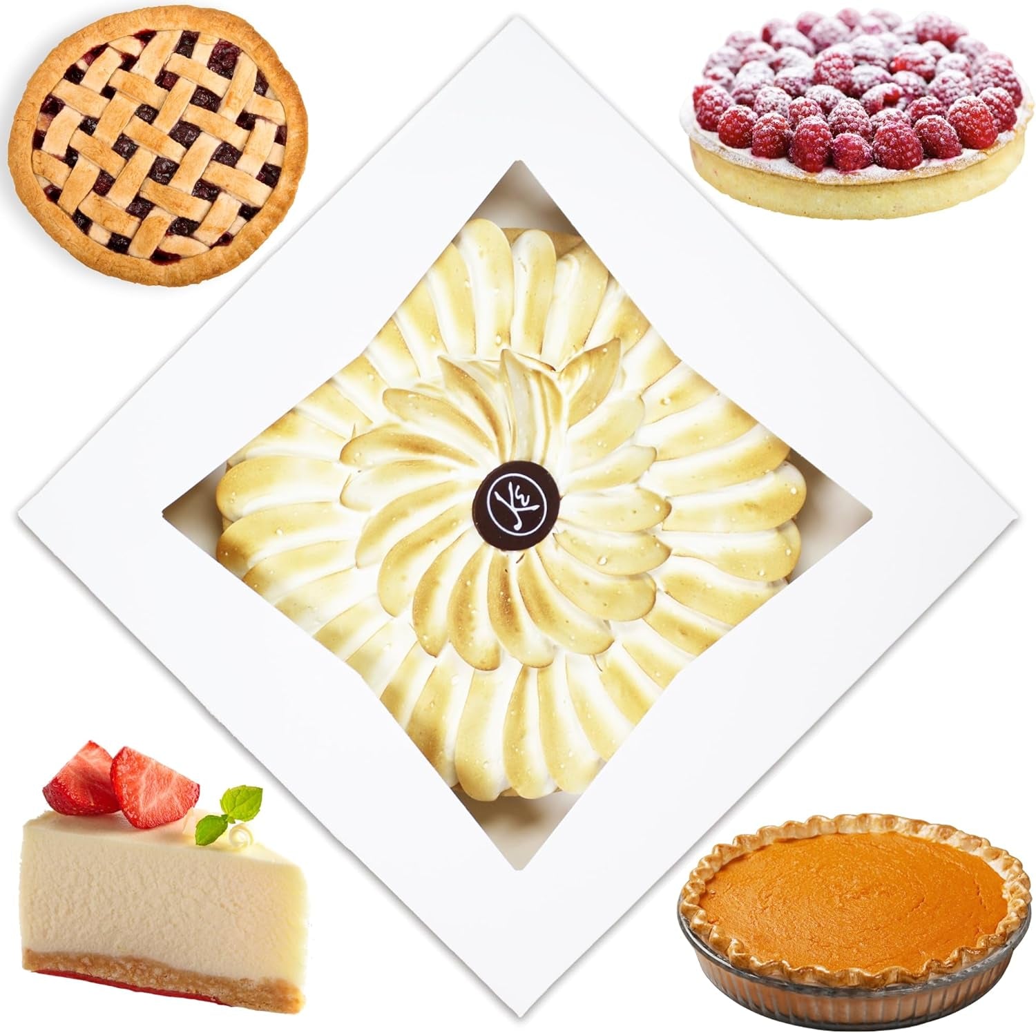 Pie Boxes for 9 Inch Pie | White, 25 Pack | 9X9X2.5 Bakery Box with Window, 9X9 Cookie Box, 9 Inch Pastry Boxes with Window Bulk, Cake Boxes, Auto Pop Up