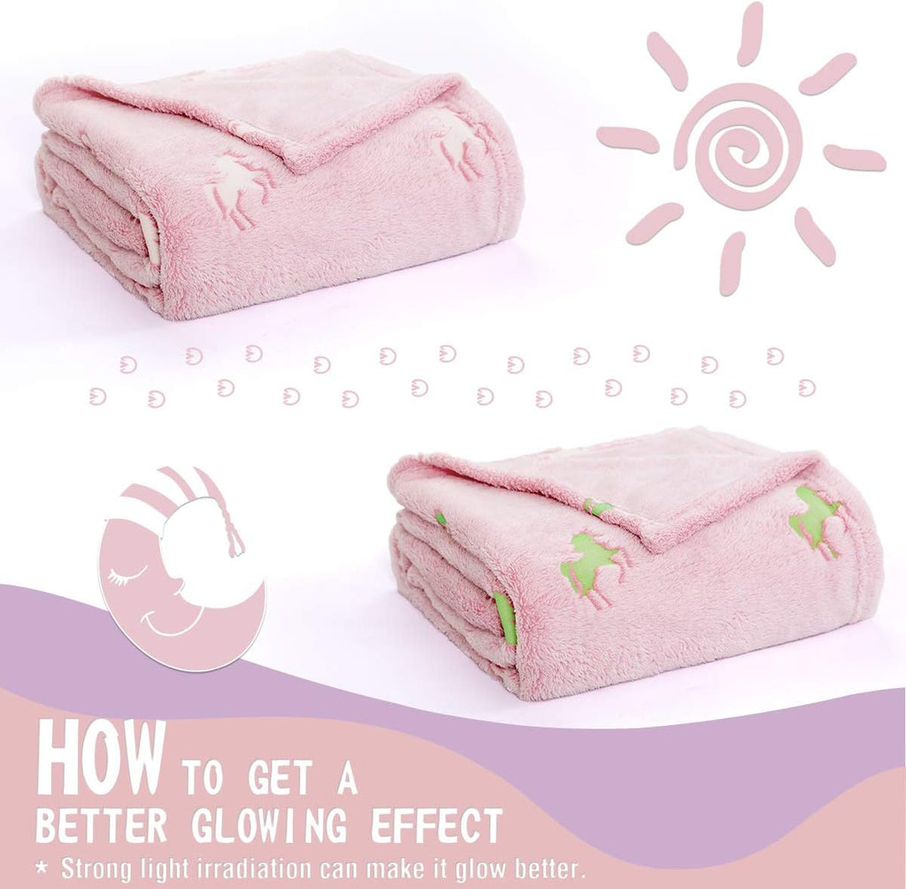 Flannel Glowing Throw Blanket Unicorn Soft Pink Kids Lightweight Comfy Luminious Blanket Glow in the Dark
