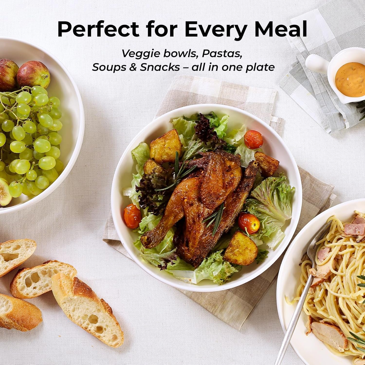 9.75" Large Pasta Bowls, 50 Ounces Big Salad Bowls, Ceramic Serving Bowl Set of 4, Wide and Shallow Bowls Set, Microwave and Dishwasher Safe, White