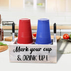 Double Disposable Cup Holder with Marker Slot Wooden Mark Your Cup and Drink up Drink Dispenser 2 Sides Designs for Parties Farmhouse Bar Christmas Housewarming Party Holiday Decor,Hostess Gifts