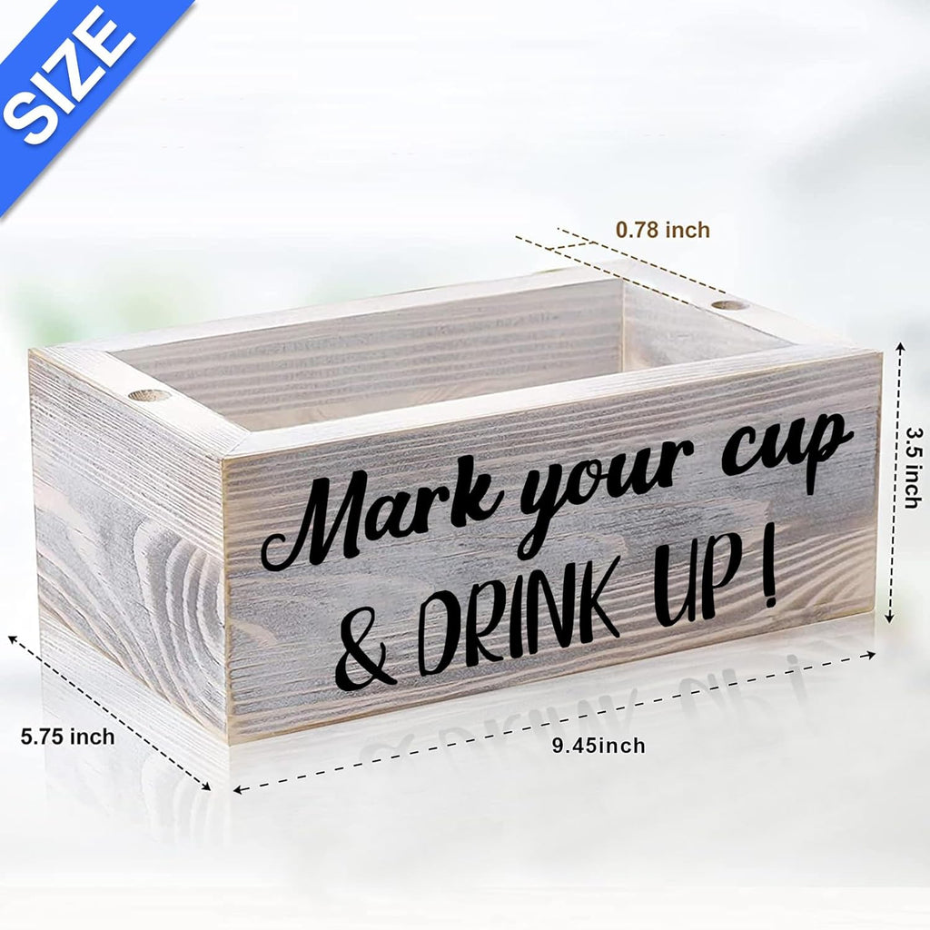 Double Disposable Cup Holder with Marker Slot Wooden Mark Your Cup and Drink up Drink Dispenser 2 Sides Designs for Parties Farmhouse Bar Christmas Housewarming Party Holiday Decor,Hostess Gifts