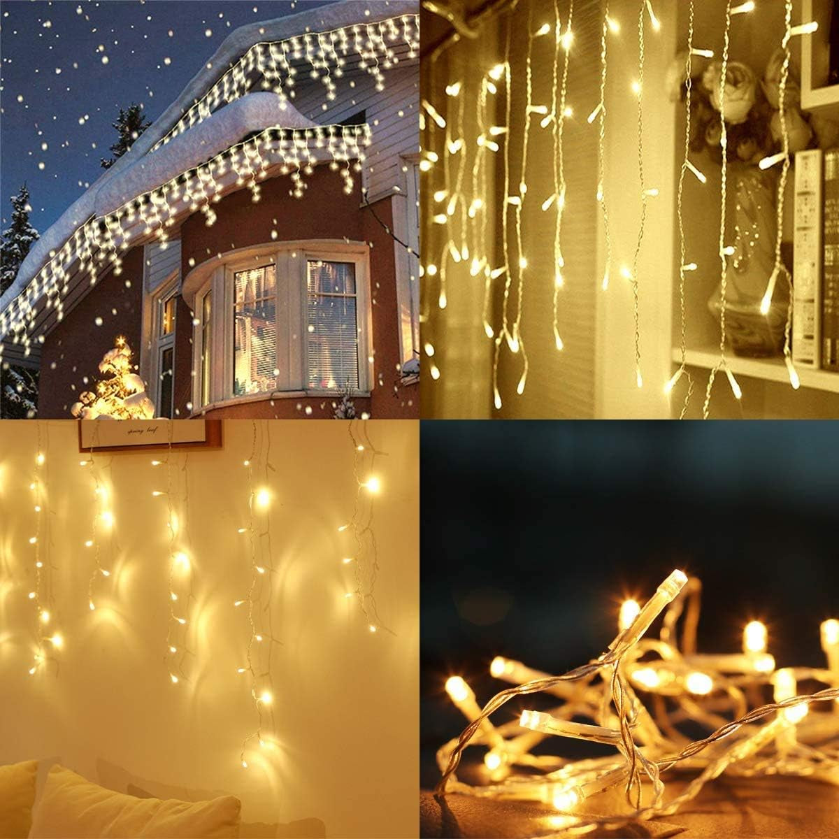 33Ft 400 Leds Indoor Outdoor Christmas Icicle Lights with 48 Drops, 8 Modes Waterproof Curtain Fairy Lights with Memory Function, Garden Wall Eaves Halloween Christmas Decoration, Warm White