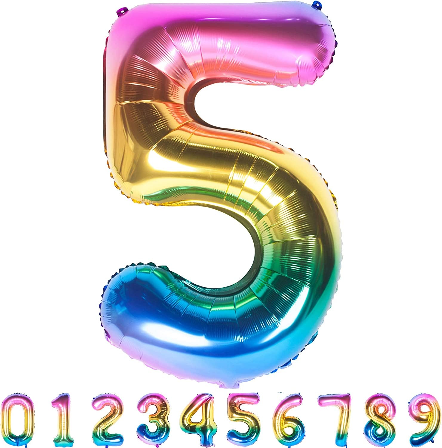 40 Inch Rainbow Large Number 5 Balloons Giant Helium Foil Mylar Digital Gradient Colorful 0 to 9 Balloon 5Th Girl Rainbow Birthday Party Decorations Supplies