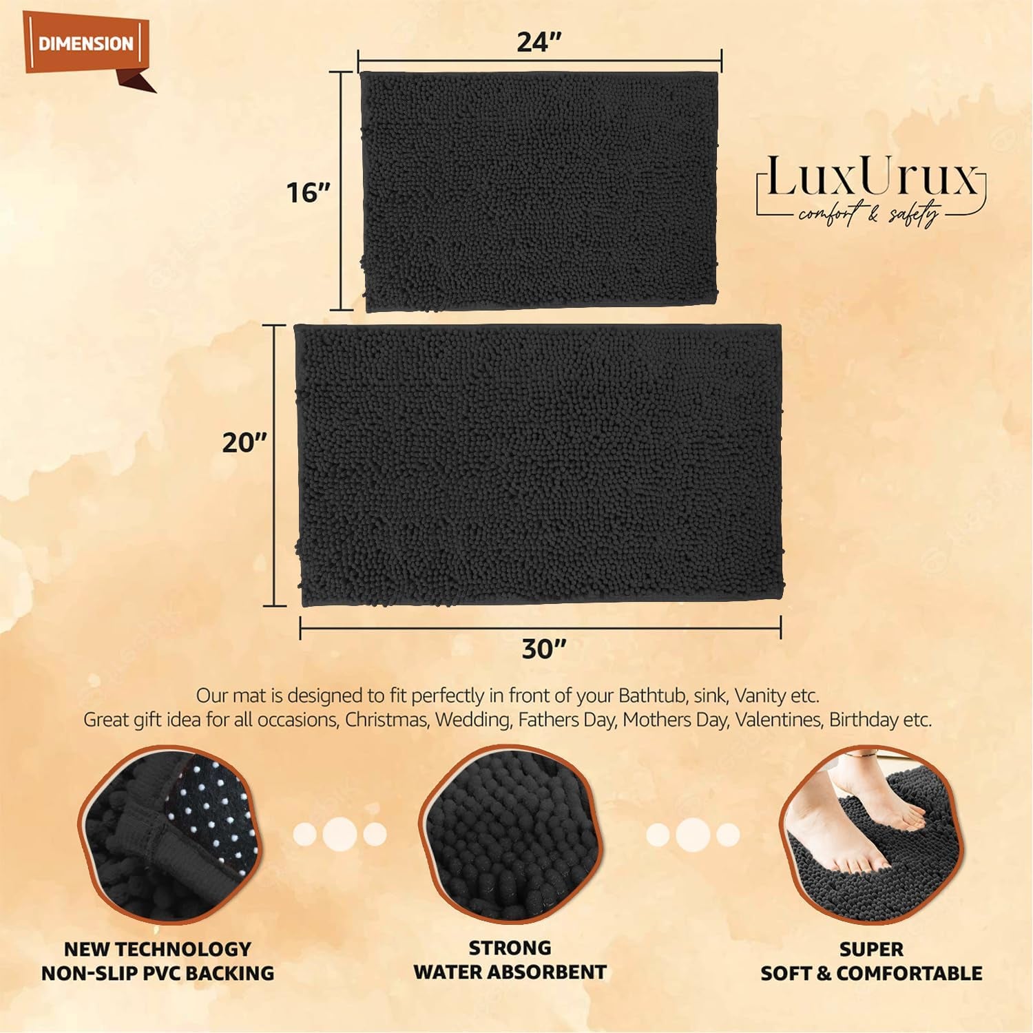 2 Piece Bathroom Rug Set - Premium Plush Bath Mat Shower Rugs, 1" Chenille Microfiber, Non-Slip & Absorbent, Soft & Cozy, Durable Stylish (20X30 & 16X24 Inches, Black)