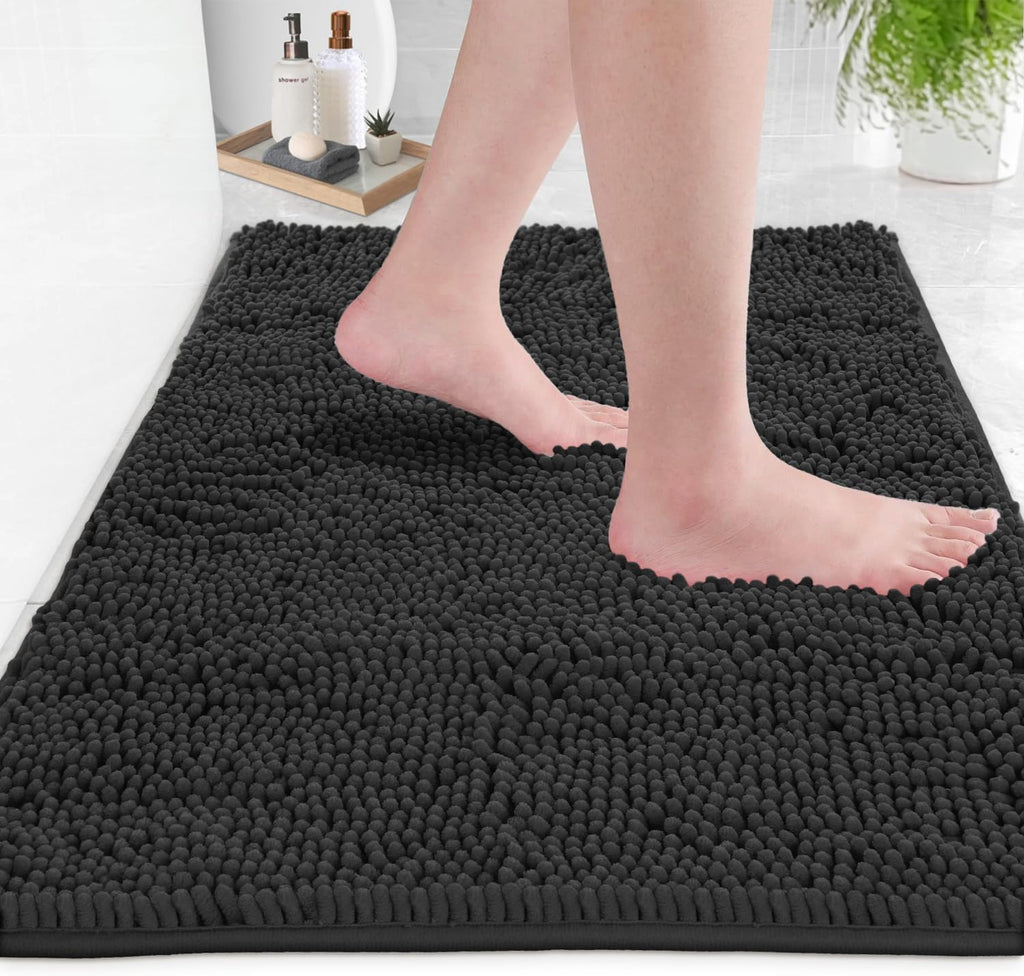 2 Piece Bathroom Rug Set - Premium Plush Bath Mat Shower Rugs, 1" Chenille Microfiber, Non-Slip & Absorbent, Soft & Cozy, Durable Stylish (20X30 & 16X24 Inches, Black)