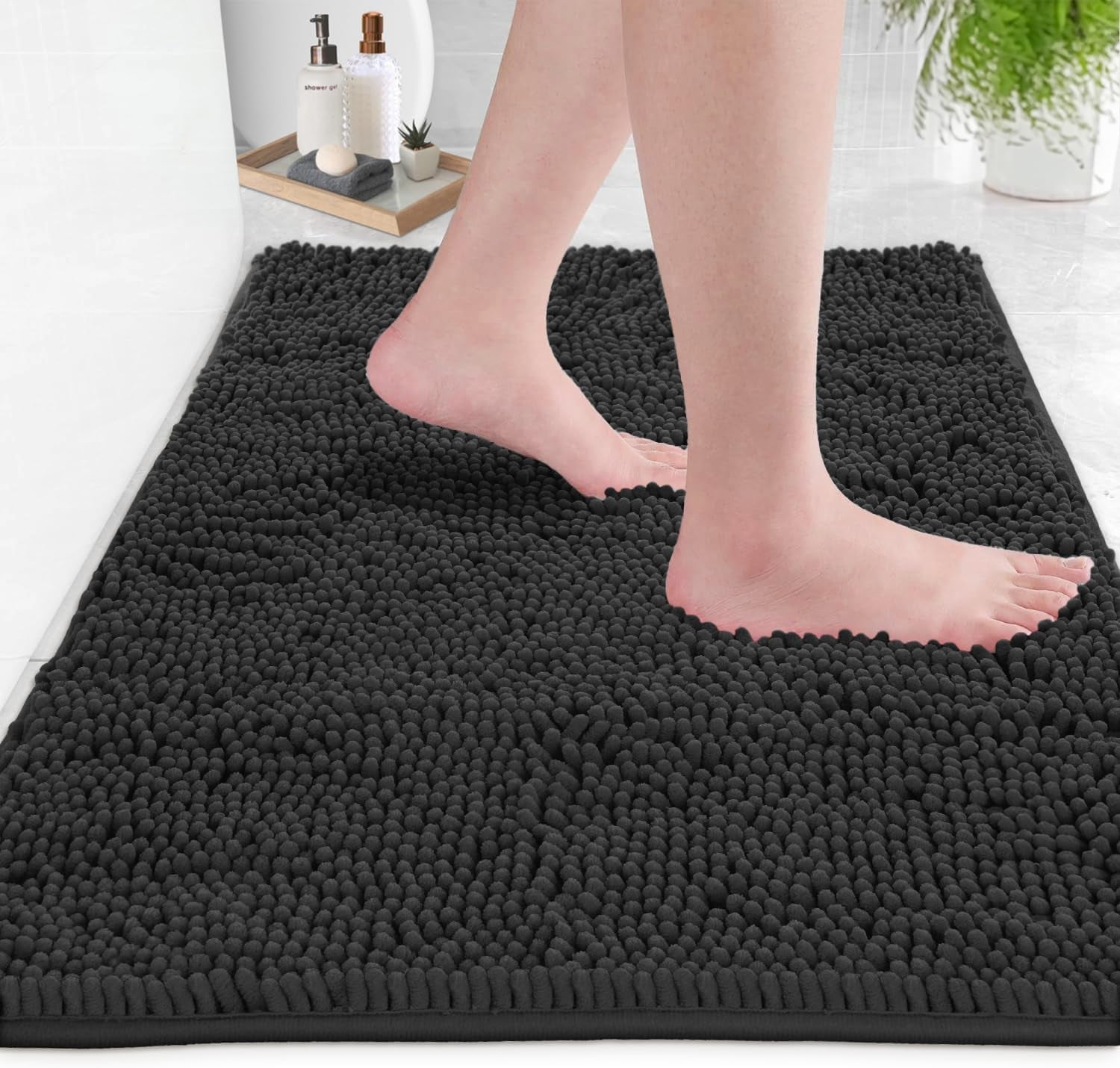 2 Piece Bathroom Rug Set - Premium Plush Bath Mat Shower Rugs, 1" Chenille Microfiber, Non-Slip & Absorbent, Soft & Cozy, Durable Stylish (20X30 & 16X24 Inches, Black)