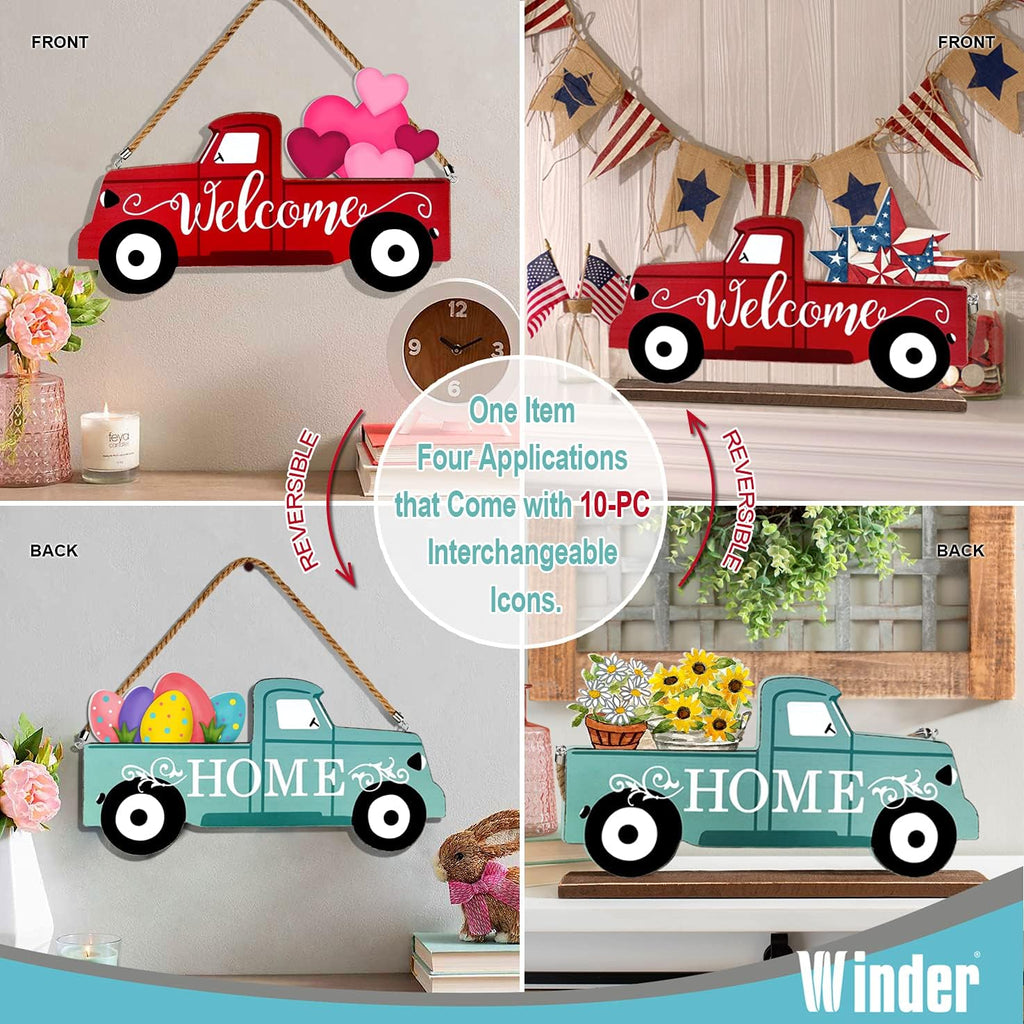 Welcome Sign & Home Sign for Front Door 2Side Rustic Red Truck Decor with 10PC Interchangeable Holiday Icons for Spring Easter 4Th of July Fall Harvest Halloween Christmas Seasonal Wall