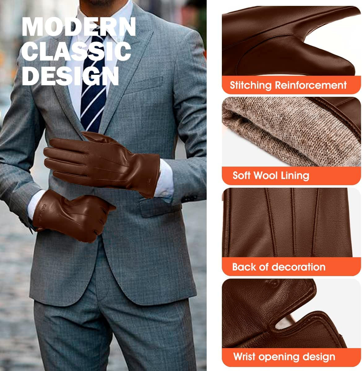 Brown Warm Leather Gloves for Men, L, Winter Driving Leather Gloves, Touchscreen, Genuine Sheepskin Gloves Gift for Dad, Boyfriend, Father, Grandfather, Son, Husband, Christmas Day.