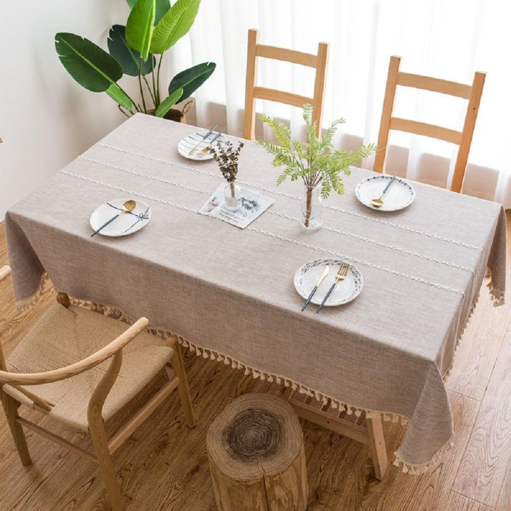 Rustic Burlap Tablecloth, Square, 55 X 55 Inch, Maroon Stripe, Tassel Edge, All-Season, Cotton/Linen, Rectangular, Dinning Room, 4 Seater
