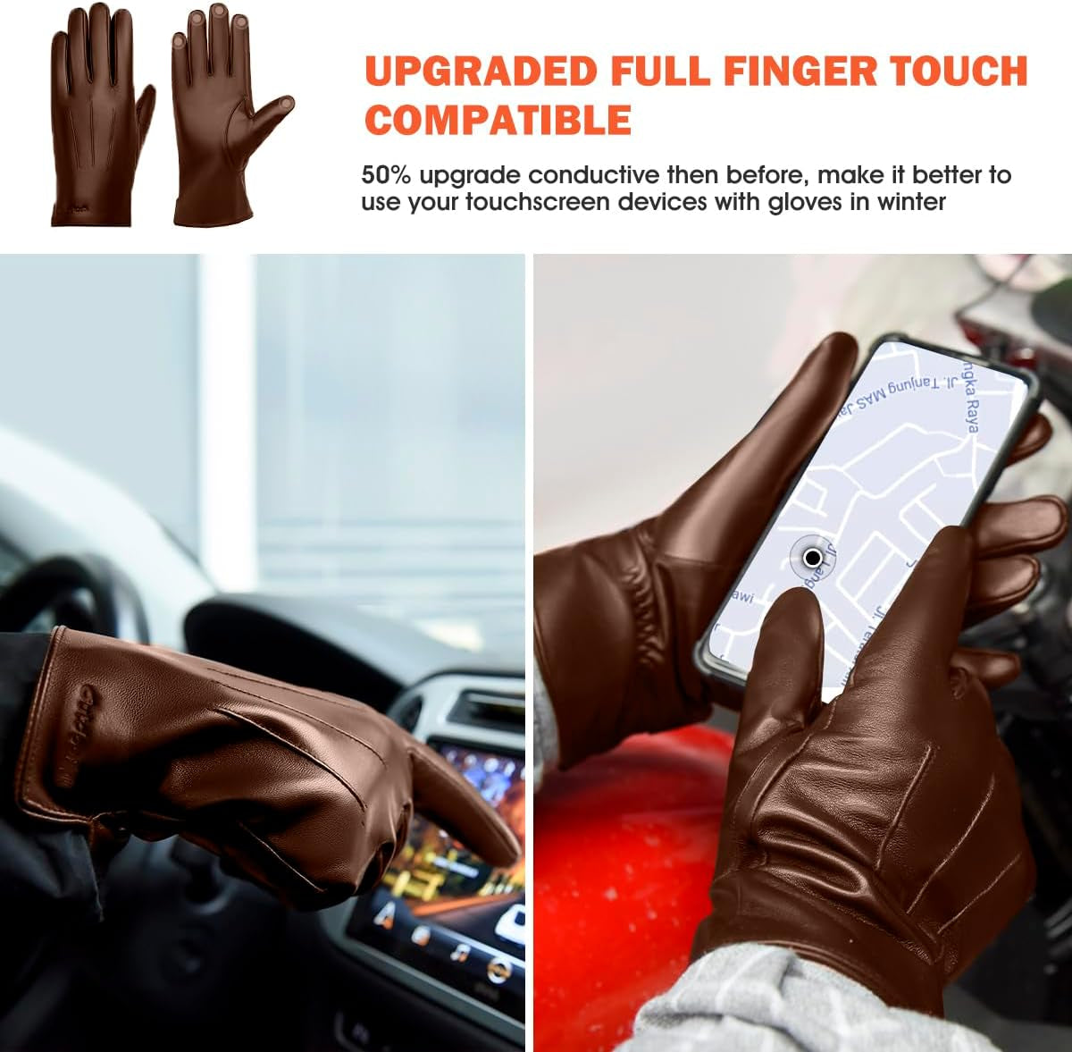 Brown Warm Leather Gloves for Men, L, Winter Driving Leather Gloves, Touchscreen, Genuine Sheepskin Gloves Gift for Dad, Boyfriend, Father, Grandfather, Son, Husband, Christmas Day.