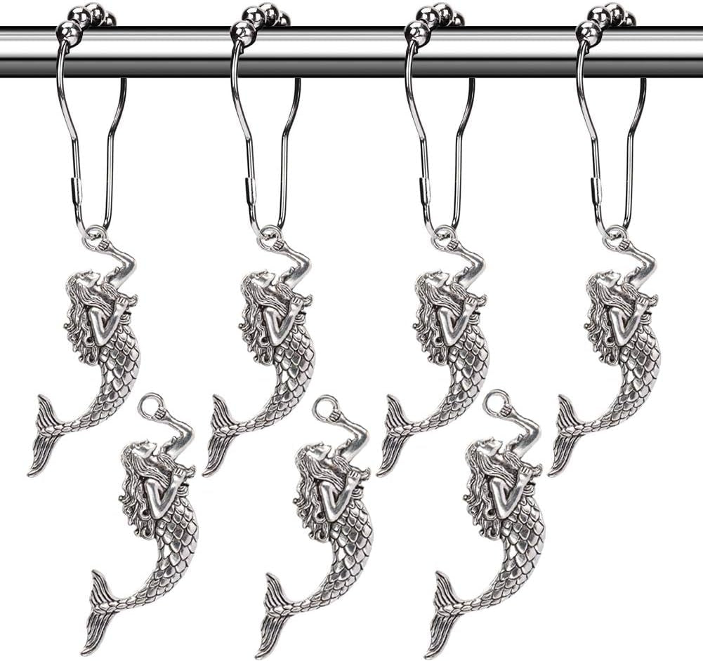 Mermaid Shower Curtain Hooks Rings - Silver Shower Curtain Hangers Rust Proof Shower Hooks for Shower Curtain, Decorative Bathroom Accessories Set, Sea Beach Theme Bathroom Decor, Set of 12