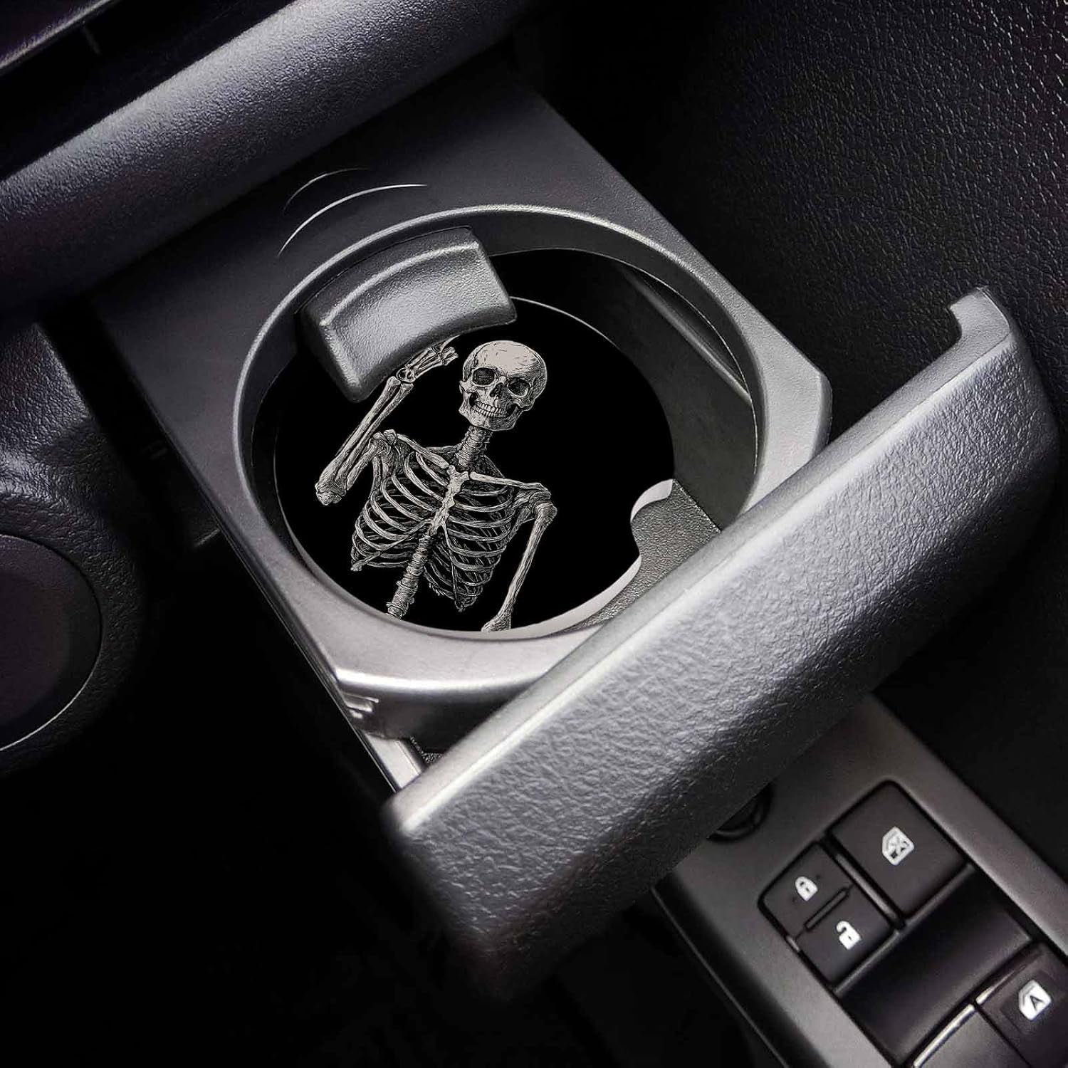 Cup Holders Car Coasters for Women/Men - 2 Pack Absorbent Ceramic Stone Drinks Coaster Set, Funny Skull Skeleton Halloween Victory