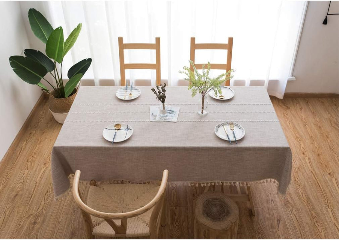 Rustic Burlap Tablecloth, Square, 55 X 55 Inch, Maroon Stripe, Tassel Edge, All-Season, Cotton/Linen, Rectangular, Dinning Room, 4 Seater