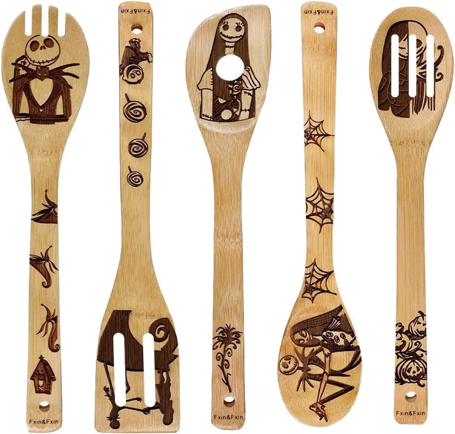 Unique Pattern Burned Wooden Spoons Nightmare before Christmas Kitchen Slotted Spoon House Warming Presents Bamboo Utensil Set