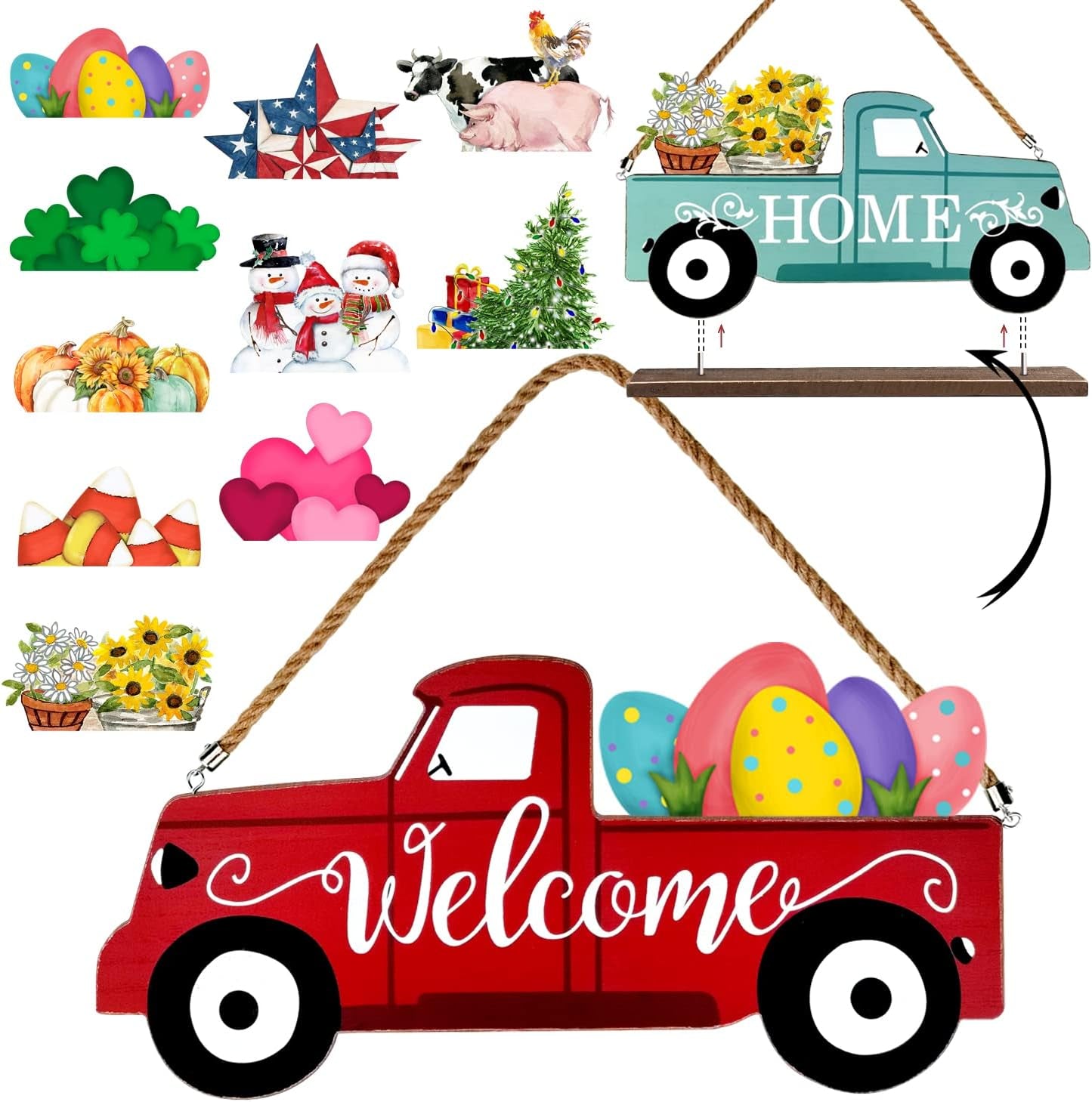 Welcome Sign & Home Sign for Front Door 2Side Rustic Red Truck Decor with 10PC Interchangeable Holiday Icons for Spring Easter 4Th of July Fall Harvest Halloween Christmas Seasonal Wall