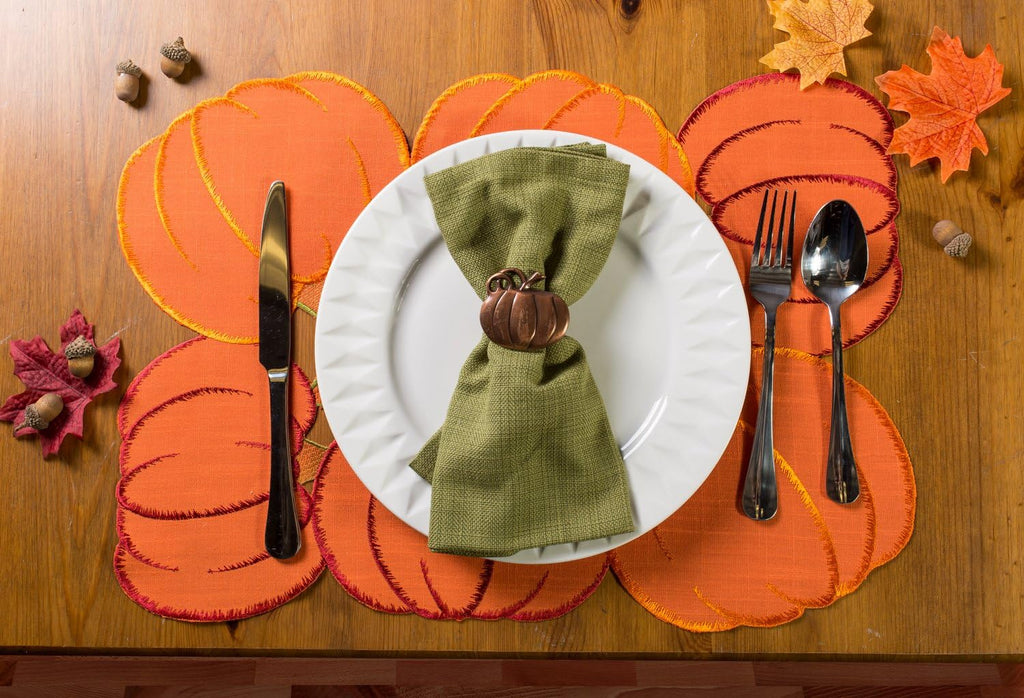 Christmas Thanksgiving Holiday Tabletop Décor Collection Decorative Napkin Ring Holder Set, 2" Diameter, Rustic Harvest Pumpkin, 6 Piece