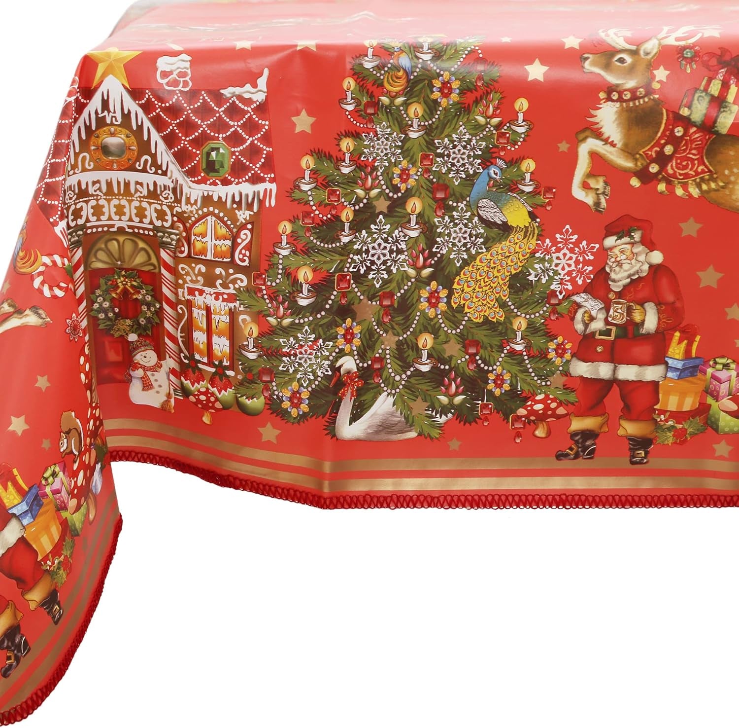 Heavy Duty Flannel Backed Vinyl Tablecloth with Flannel Backing Easy to Wipe-Clean Oilcloth Waterproof Plastic Rectangle 55X90 Inch Red Table Cover for Christmas