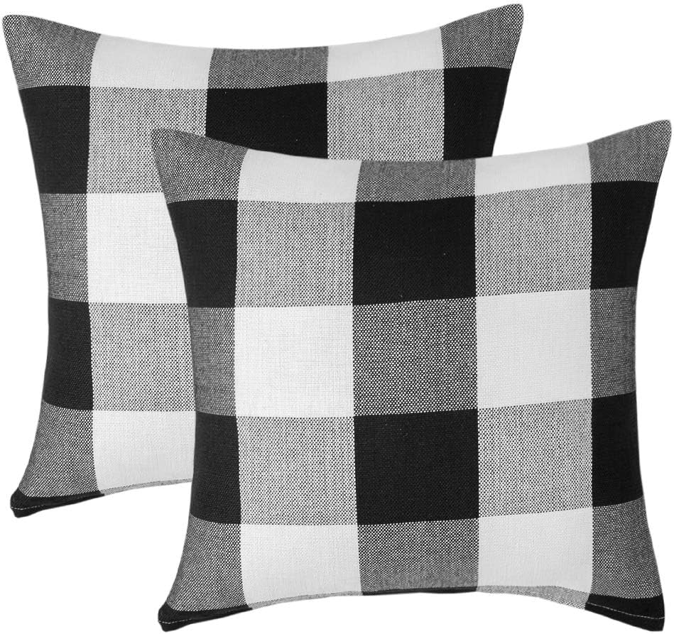 Set of 2 Buffalo Check Plaid Pillows Farmhouse Decor Christmas Pillow Covers Fall Outdoor Pillows outside Porch Pillows Cotton Linen Throw Pillow Covers Black White 18 X 18 Inches