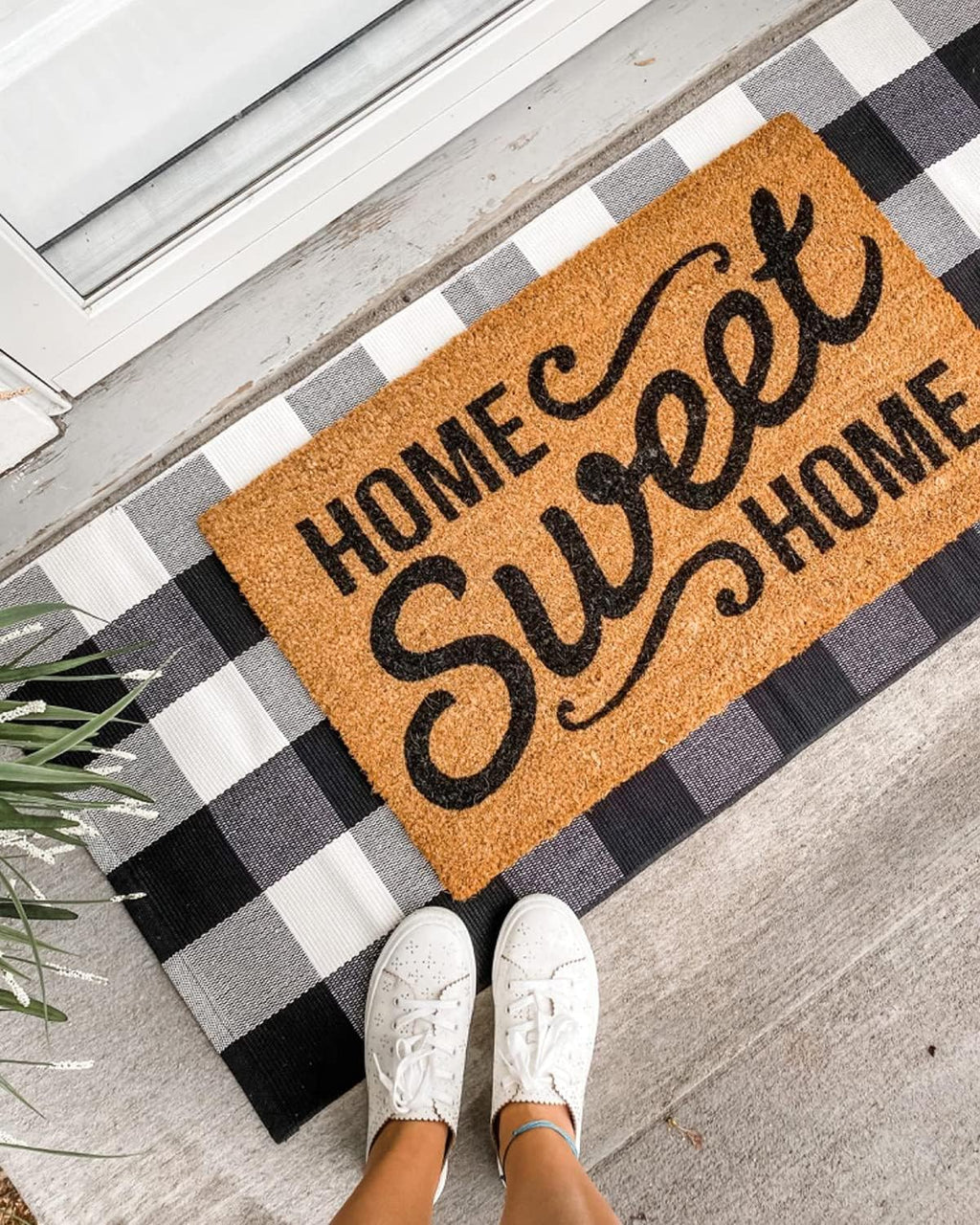 Buffalo Plaid Rug 24 X 51 Inch for Layered Hello Door Mats Washable Black and White Reversible Checked Outdoor Rugs Carpet for Front Door Entryway