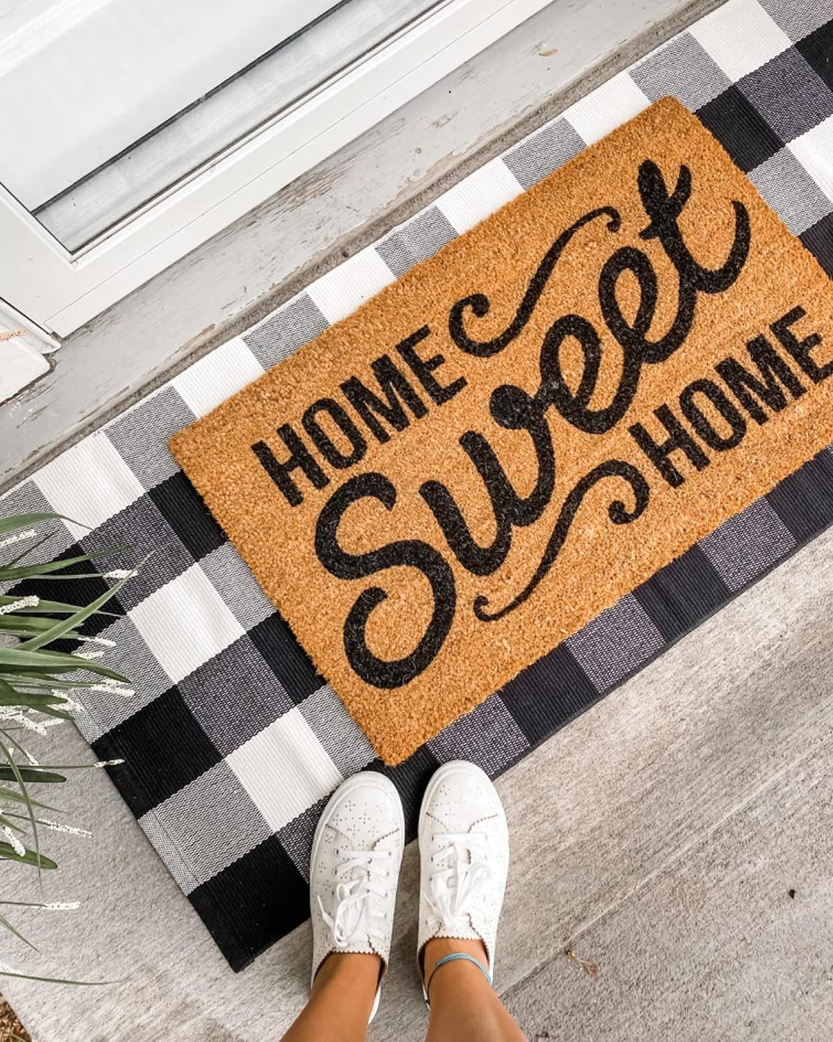 Buffalo Plaid Rug 24 X 51 Inch for Layered Hello Door Mats Washable Black and White Reversible Checked Outdoor Rugs Carpet for Front Door Entryway