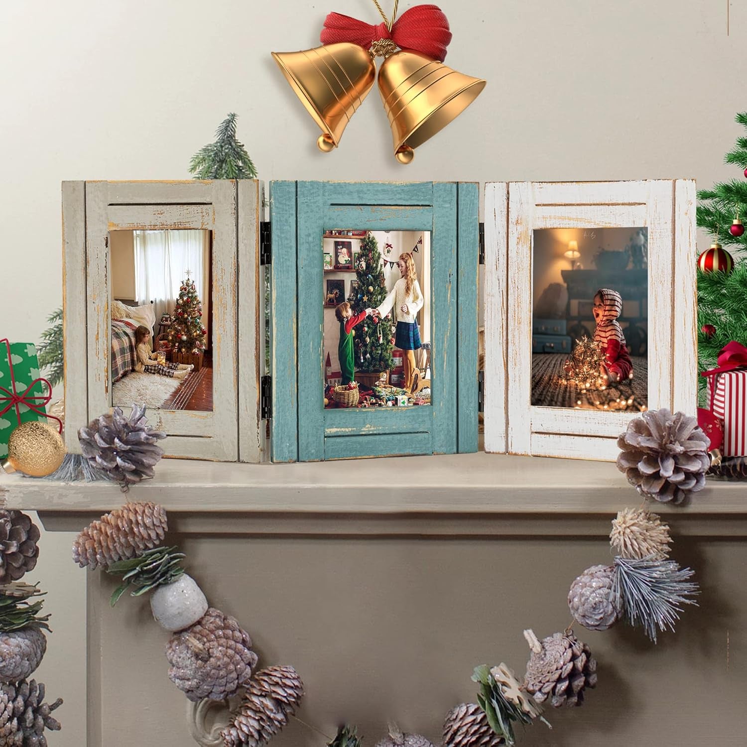 Rustic 3 Picture Frame 4X6 Triple Hinged Distressed Photo Frame for Tabletop Display, Picture College Frame Present for Holiday, Festival, Christmas