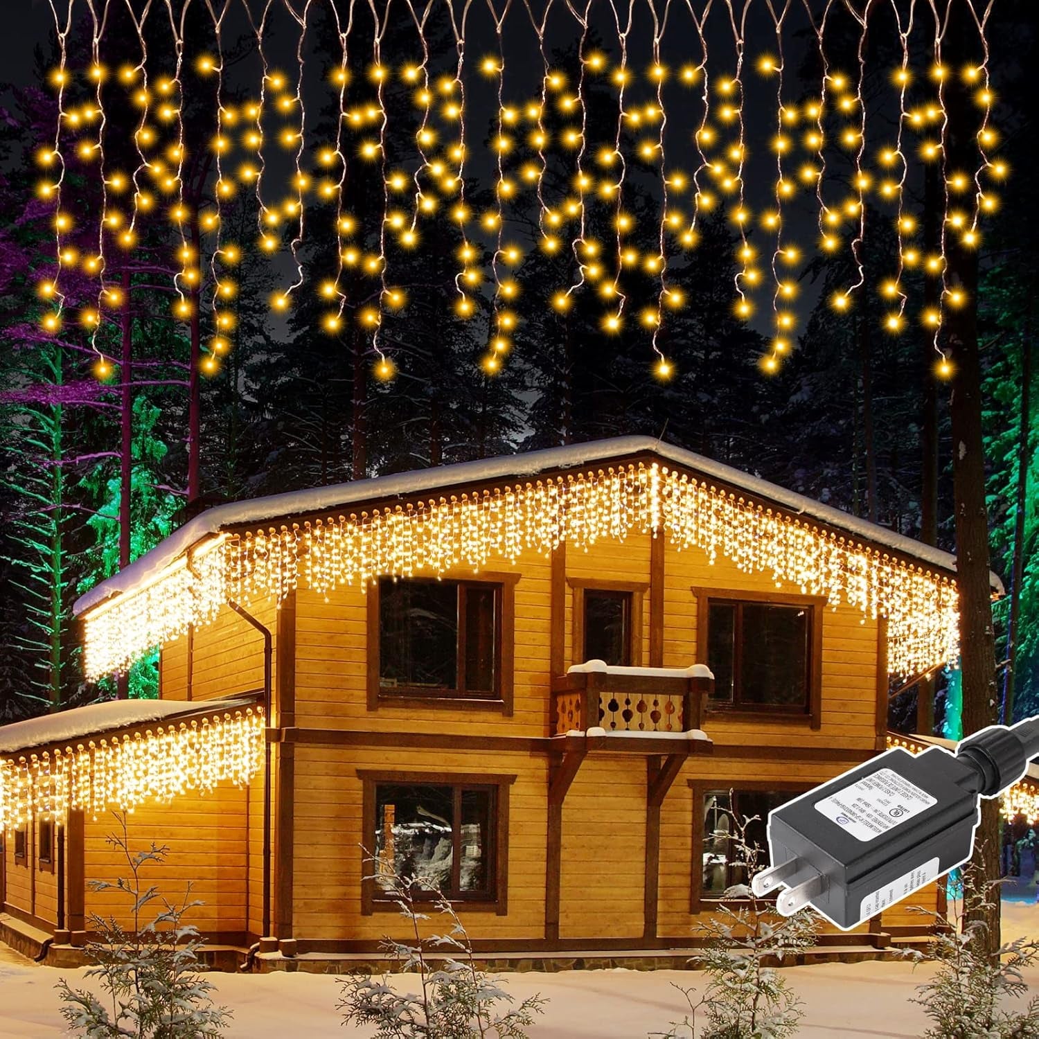 33Ft 400 Leds Indoor Outdoor Christmas Icicle Lights with 48 Drops, 8 Modes Waterproof Curtain Fairy Lights with Memory Function, Garden Wall Eaves Halloween Christmas Decoration, Warm White