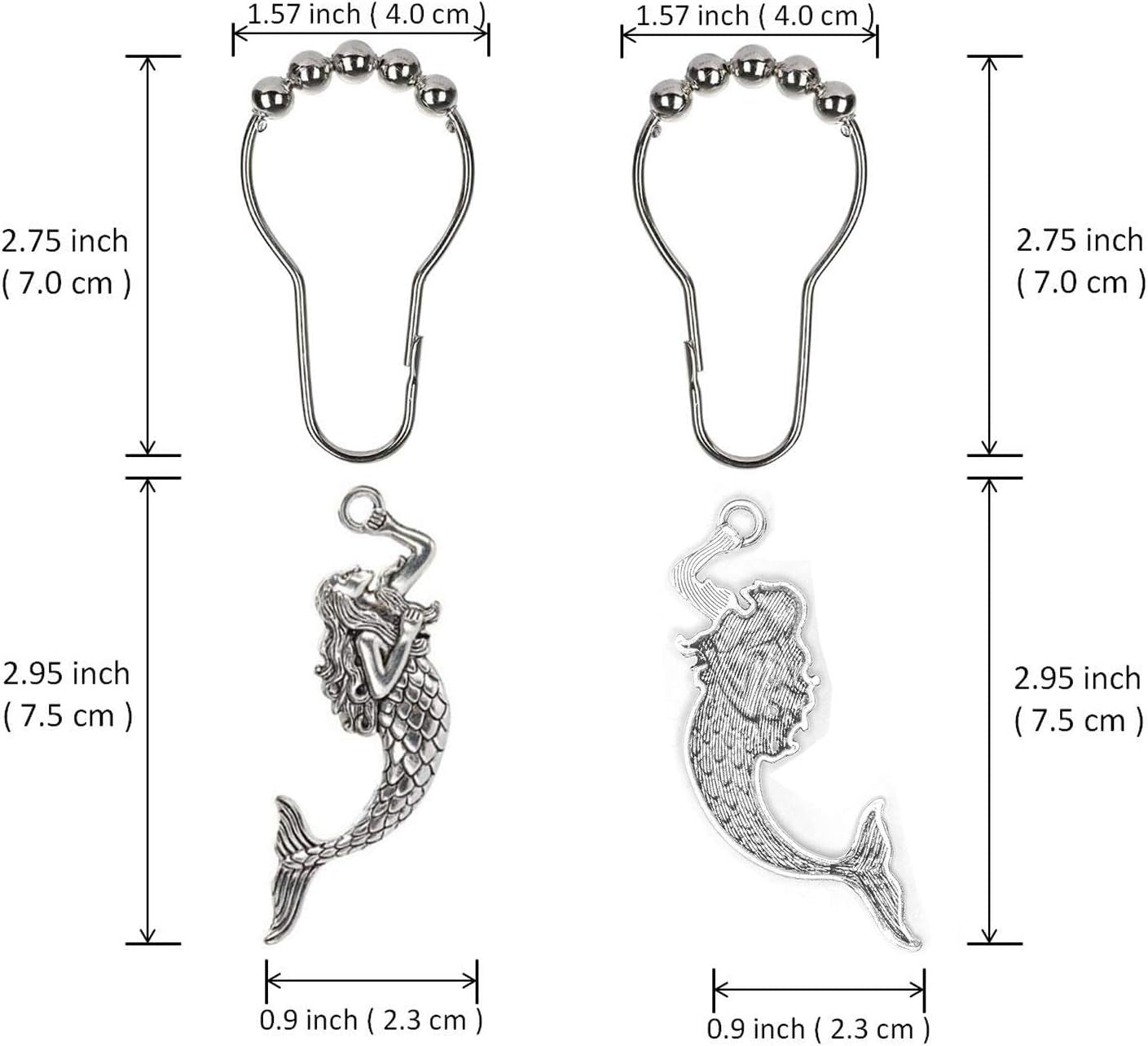 Mermaid Shower Curtain Hooks Rings - Silver Shower Curtain Hangers Rust Proof Shower Hooks for Shower Curtain, Decorative Bathroom Accessories Set, Sea Beach Theme Bathroom Decor, Set of 12