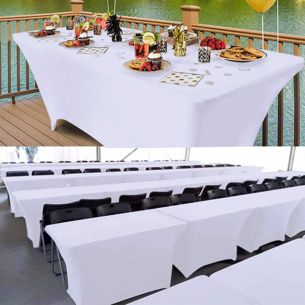 2 Pack 8FT Rectangular Spandex Table Cover Four-Way Tight Fitted Stretch Tablecloth Table Cloth for Outdoor Party DJ Tradeshow Banquet Vendor Wedding Celebration (2PC 8FT, White)
