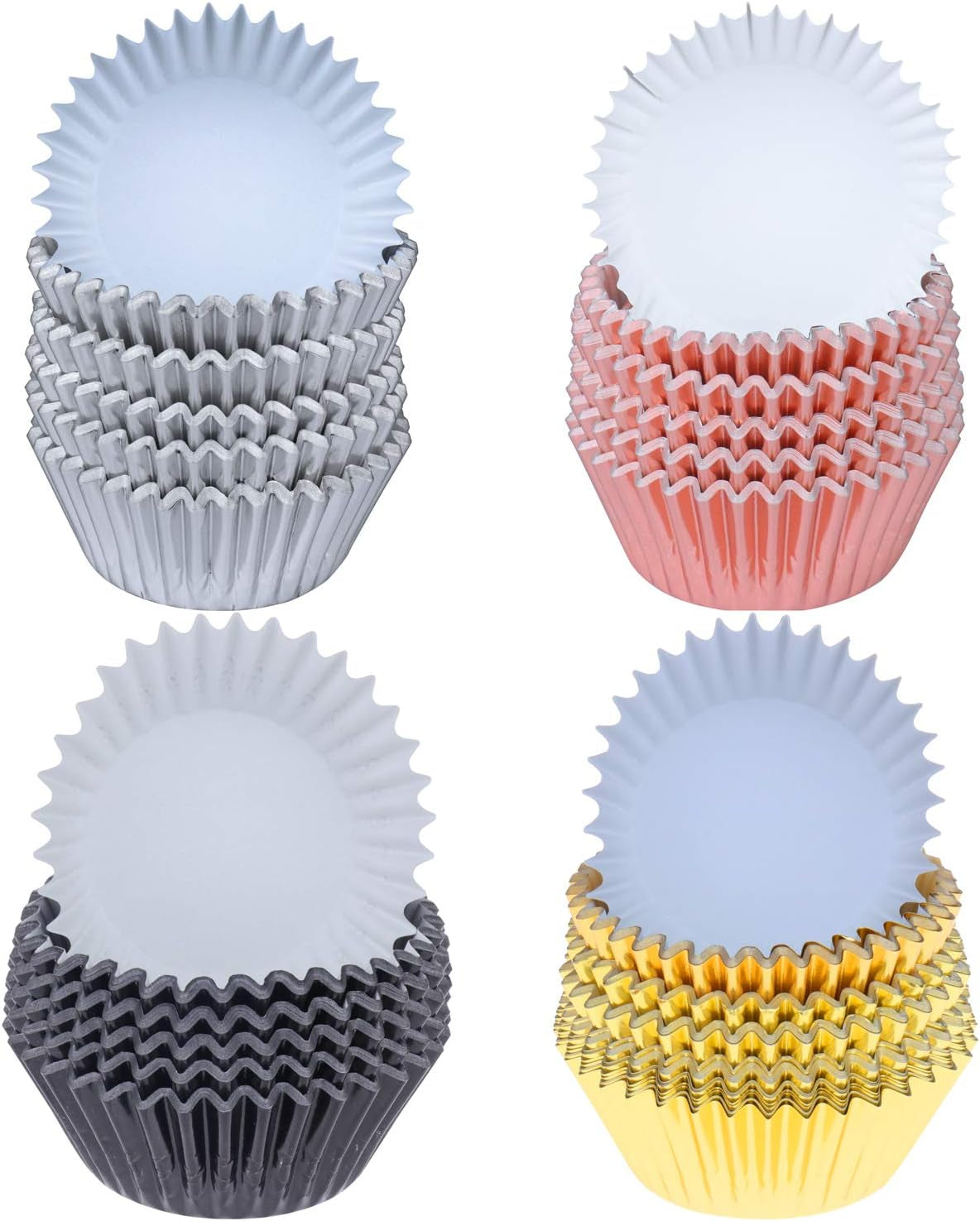 400 Pieces Foil Cupcake Liners Baking Cups Muffin Tins Treat Cups Foil Metallic Cupcake Liners for Weddings,Birthdays,Baby Showers,Silver Rose Gold Black and Gold