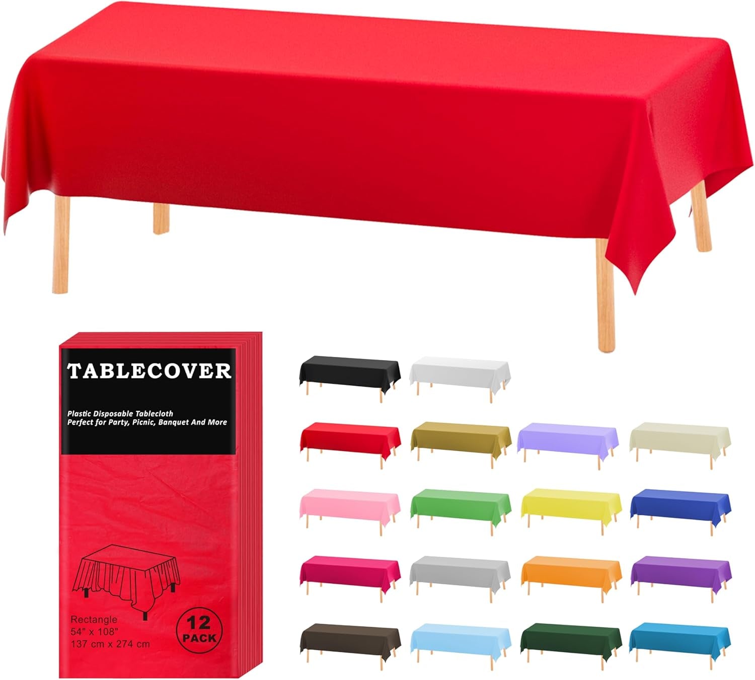Plastic Table Cloth Disposable, 12 Pack Red Rectangle Tablecloth Individually Wrapped for Indoor&Outdoor, 54 X 108 Inch Table Cover for Party, Picnic, Birthday, Wedding & Dinner