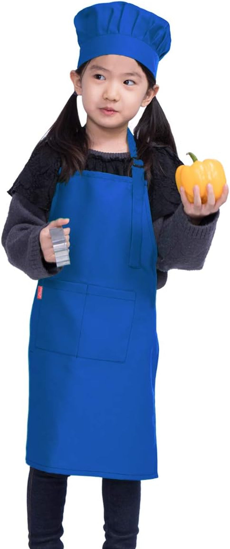 Kids Apron and Chef Hat Set, Children'S Adjustable Bib Apron with 2 Pockets. Cute Boys Girls Kitchen Apron for Cooking, Baking, Painting, Training Wear (6-12 Year, Blue)