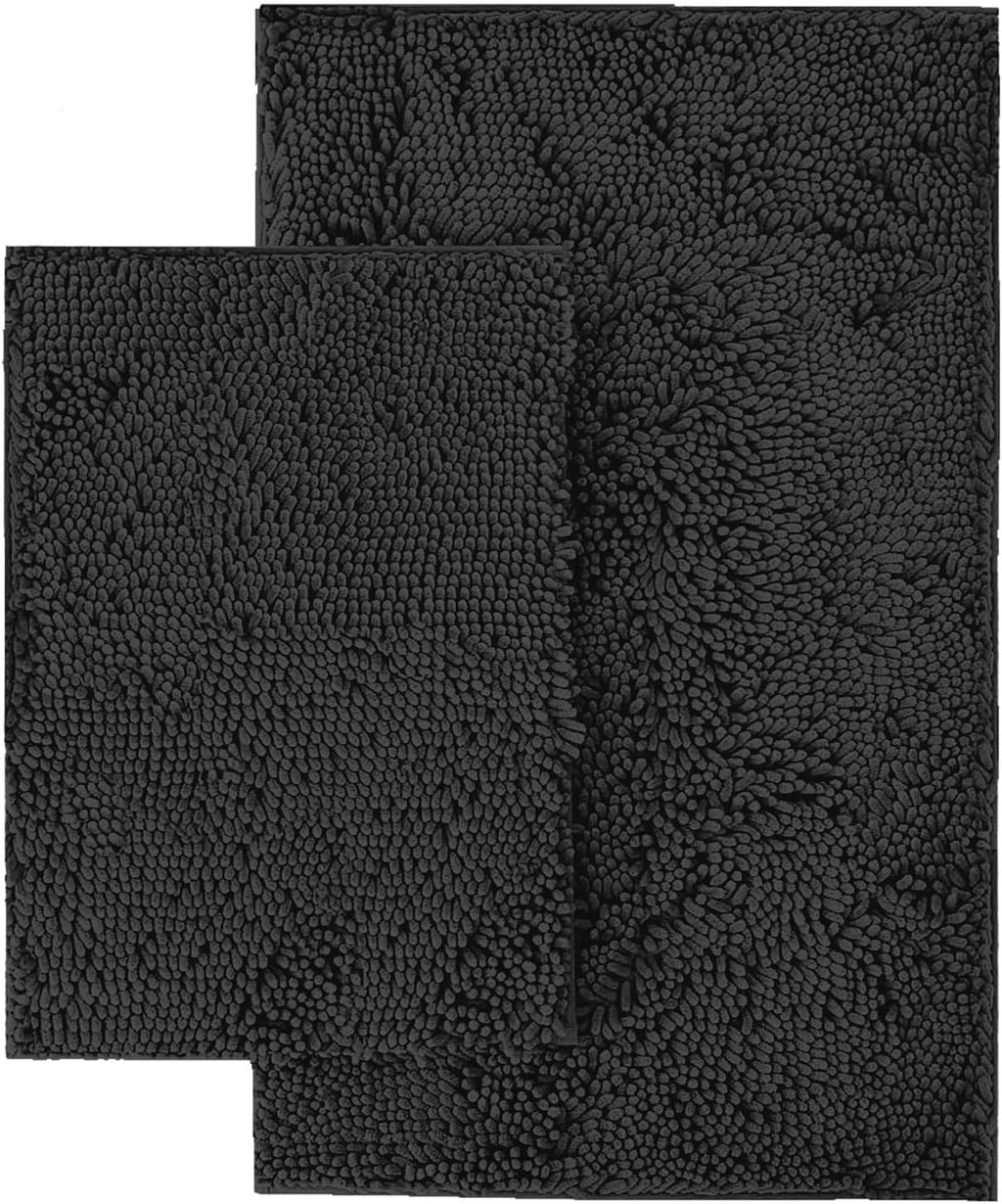 2 Piece Bathroom Rug Set - Premium Plush Bath Mat Shower Rugs, 1" Chenille Microfiber, Non-Slip & Absorbent, Soft & Cozy, Durable Stylish (20X30 & 16X24 Inches, Black)