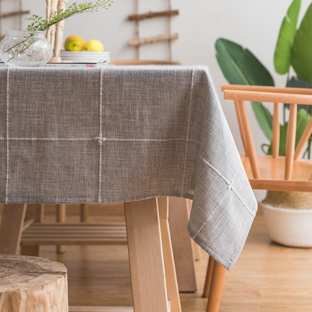 Farmhouse Tablecloth Solid Embroidery Lattice Cotton Linen Table Cloth Fabric Wrinkle Free Washable Table Cover for Kitchen Dinning Tabletop Decor (Rectangle/Oblong, 52 X 86 Inch, Grey)