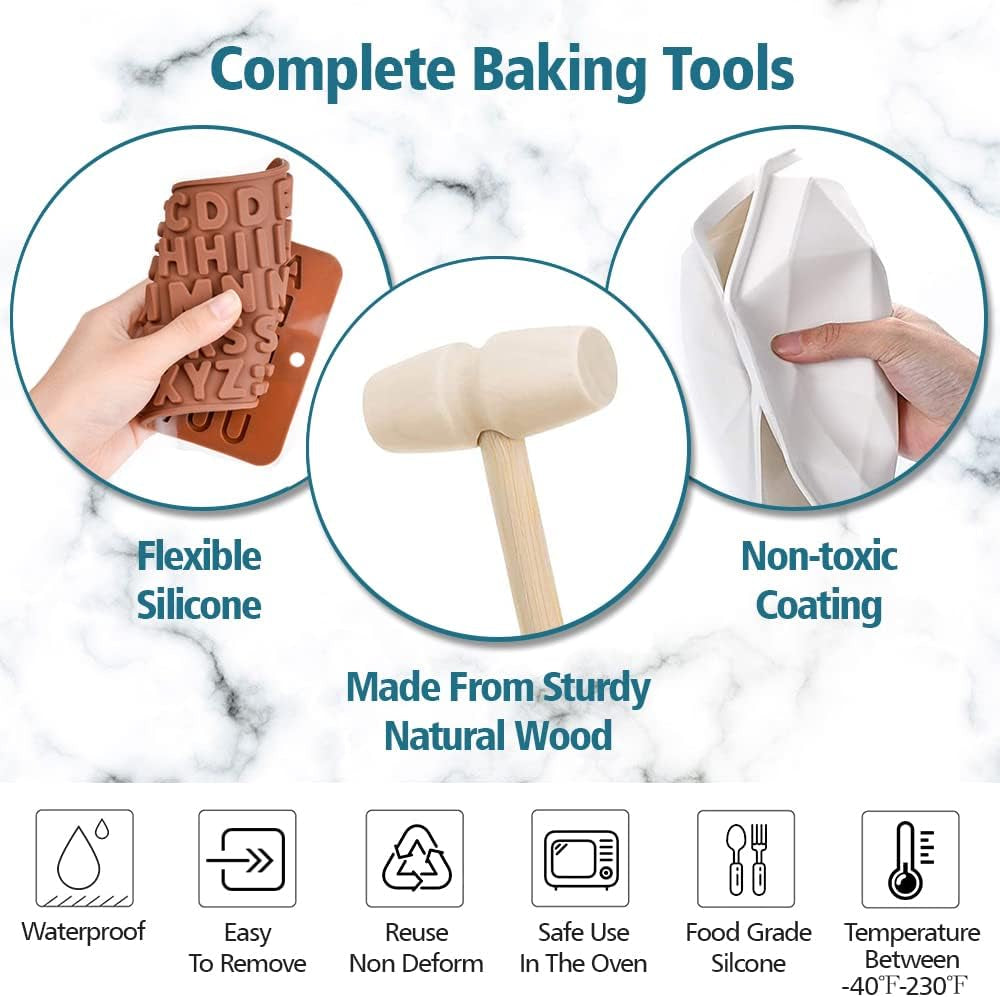 KZY Diamond Heart Shaped Mousse Cake Mold Trays, 8.7 Inch Silicone Dessert Baking Pan Safe Not Sticky Mould with 4 Pcs Wooden Hammers and 2 Chocolate Molds for Home Kitchen DIY Baking Tools (Pink)-L8