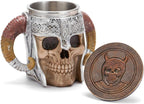 Viking Stainless Steel Skull Mug with Coaster, Horn Skull Beer Tankard, Medieval Drinkware for Coffee, Beverage, Juice - 17Oz