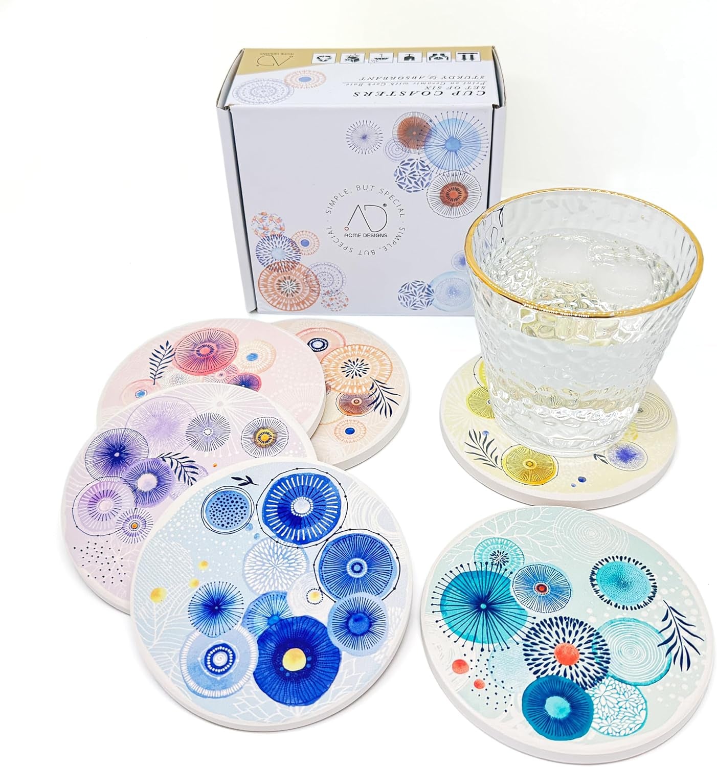 Set of 6 Coasters for Drinks Absorbing round Ceramic Stone Coaster with Cork Base Tabletop Protection Mat for Mugs and Cups,Office,Kitchen (Color Droplets)