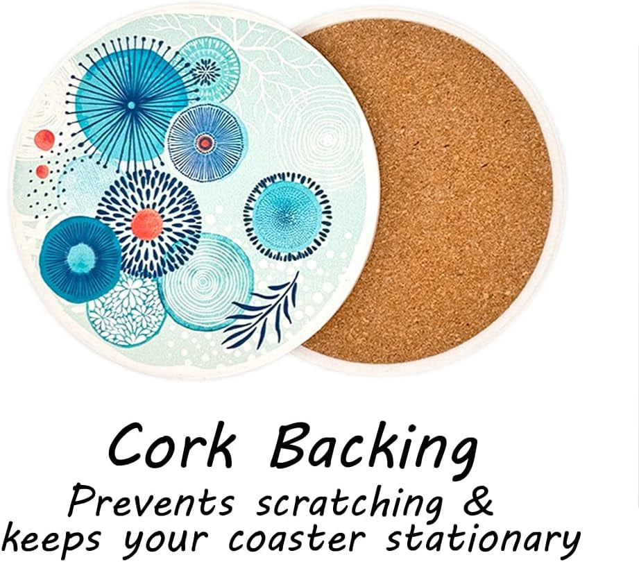 Set of 6 Coasters for Drinks Absorbing round Ceramic Stone Coaster with Cork Base Tabletop Protection Mat for Mugs and Cups,Office,Kitchen (Color Droplets)