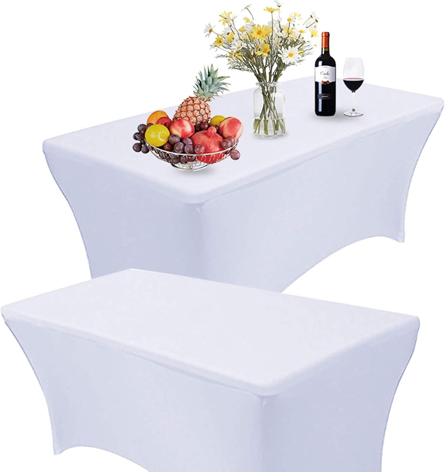 2 Pack 8FT Rectangular Spandex Table Cover Four-Way Tight Fitted Stretch Tablecloth Table Cloth for Outdoor Party DJ Tradeshow Banquet Vendor Wedding Celebration (2PC 8FT, White)