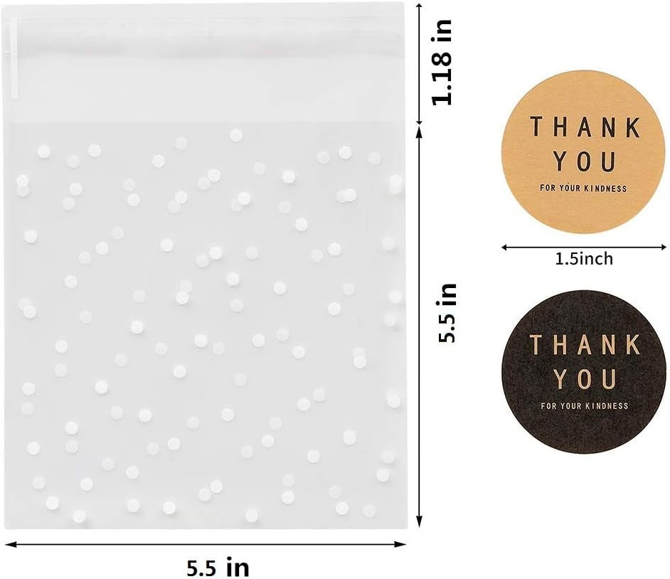400PCS White Polka Dot Treat Bags Set Self Adhesive Candy Cookie Bags Set, 200 Cellophane Bags + 200 Thank You Sticker for Bakery Biscuit Chocolate Snacks Dessert (5.5X5.5Inches, White Polka Dot+Sticker)