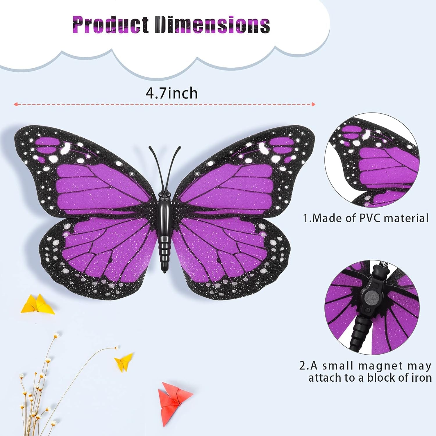 24 Pieces Purple Monarch Butterfly Decorations Magnet 4.7 Inch Purple Butterfly Glitter 3D Butterflies Wall Decor for Crafts Halloween Classroom Flower Arrangements Supplies