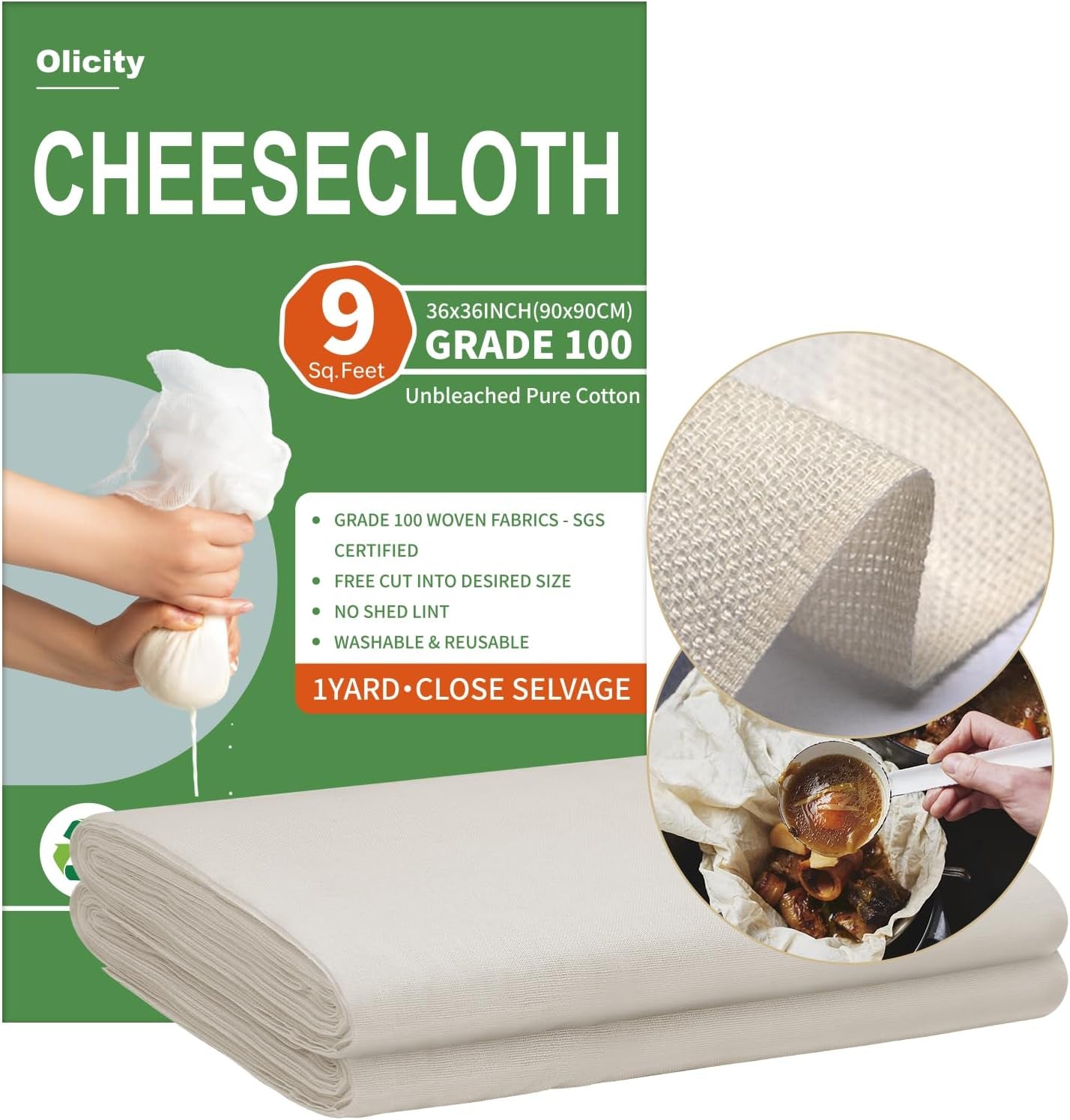 Cheese Cloths, Grade 100, 36X36Inch, Reusable Cheese Cloth with Closed Edges Fabric Fine Mesh Cloth, Unbleached Cotton Muslin Cheesecloth for Straining, Cooking, Yogurt, Herbs,Crafts - 9 Sq.Ft
