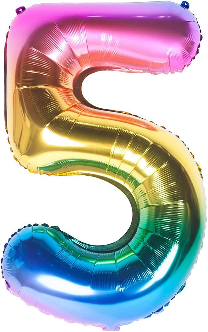 40 Inch Rainbow Large Number 5 Balloons Giant Helium Foil Mylar Digital Gradient Colorful 0 to 9 Balloon 5Th Girl Rainbow Birthday Party Decorations Supplies