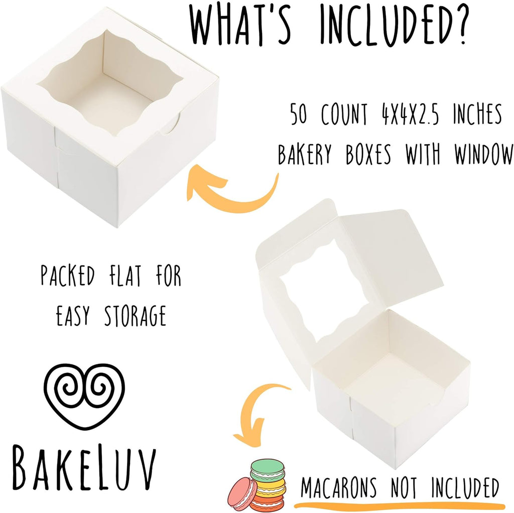 50Pcs White Small Cookie Boxes with Window, 4X4X2.5 Inches Bakery Boxes, Mini Cake, Treats, Macaron Packaging, Individual Cupcake, Gift Giving