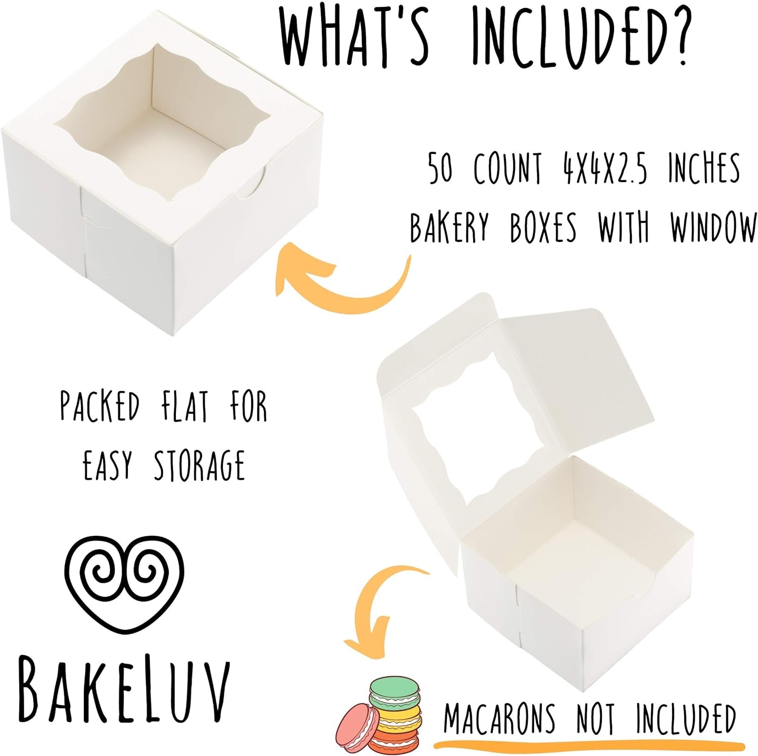 50Pcs White Small Cookie Boxes with Window, 4X4X2.5 Inches Bakery Boxes, Mini Cake, Treats, Macaron Packaging, Individual Cupcake, Gift Giving